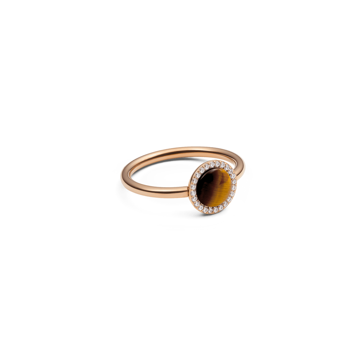 Audrey Ring Tiger Eye Rose Gold featuring a domed tiger eye stone with a cubic zirconia halo on a slender rose gold band.