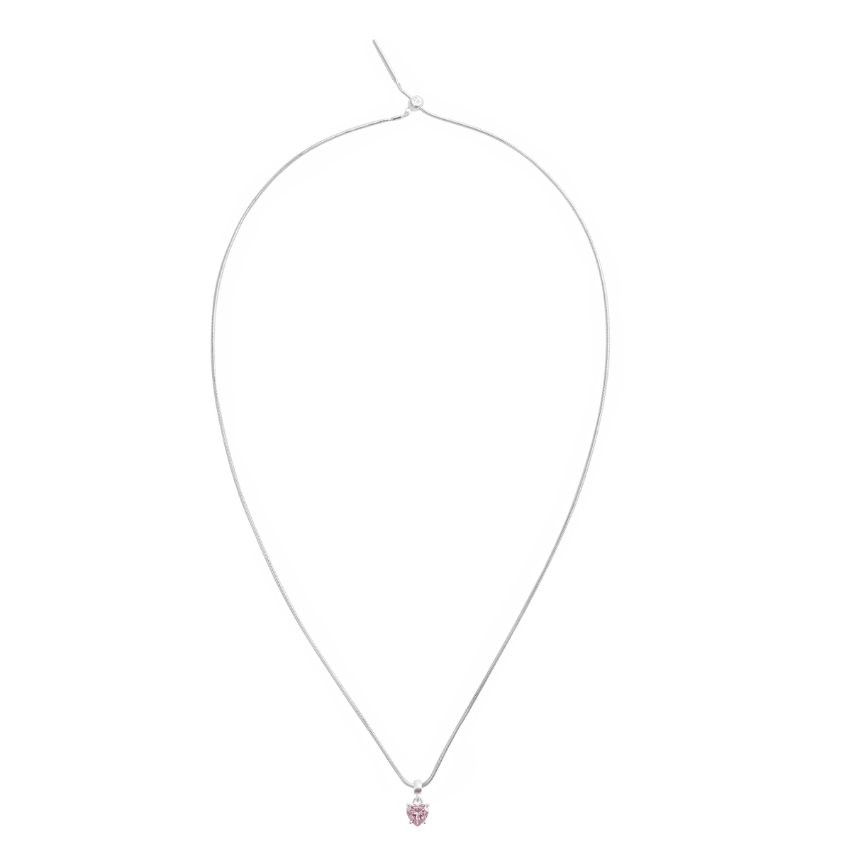 Delicate sterling silver necklace with an adjustable chain, featuring a heart-shaped pink crystal charm pendant.
