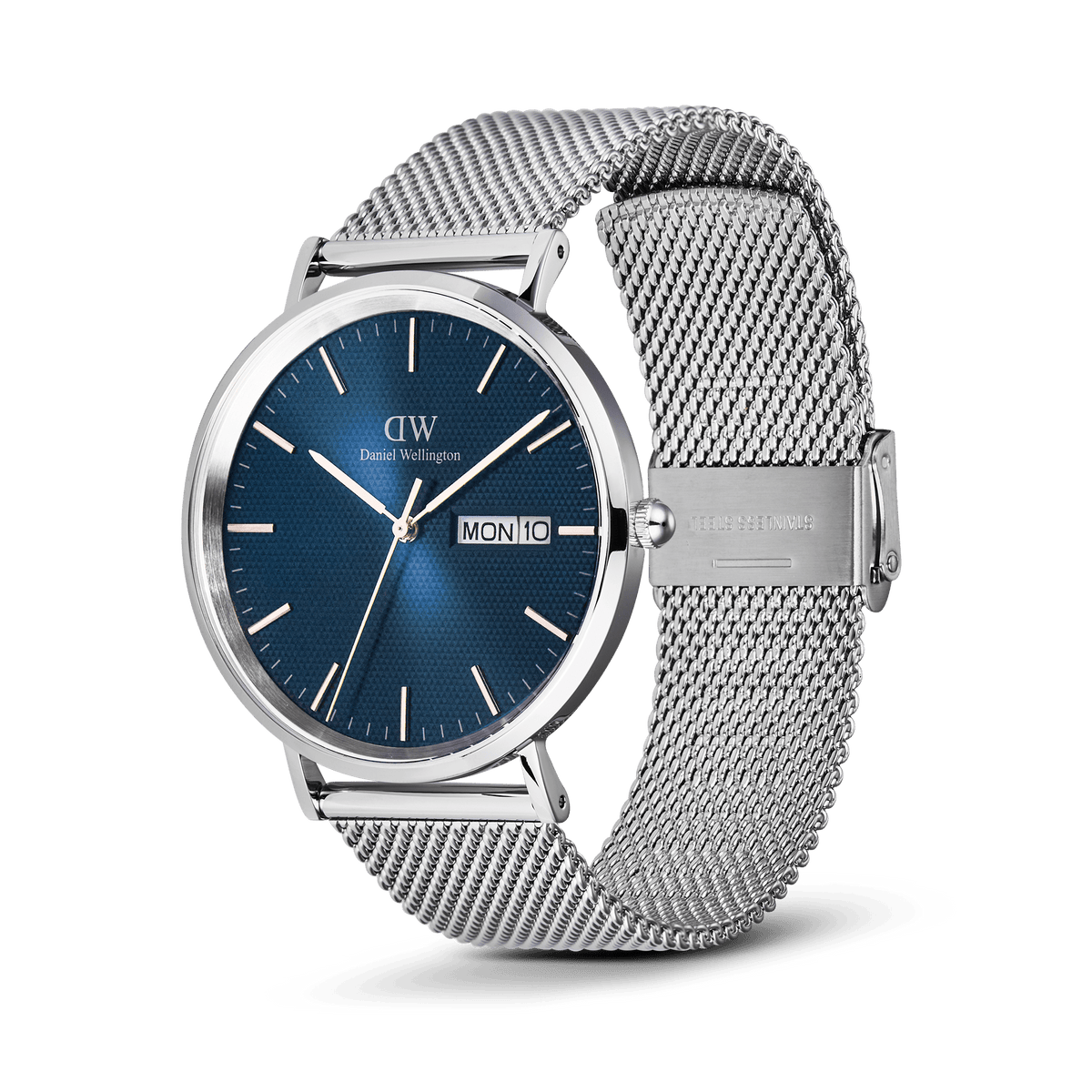 Daniel Wellington Classic Day Display Sterling Arctic watch with a textured blue dial, silver stainless steel mesh strap, and day-date display, shown at an angle highlighting its polished finish and modern design.