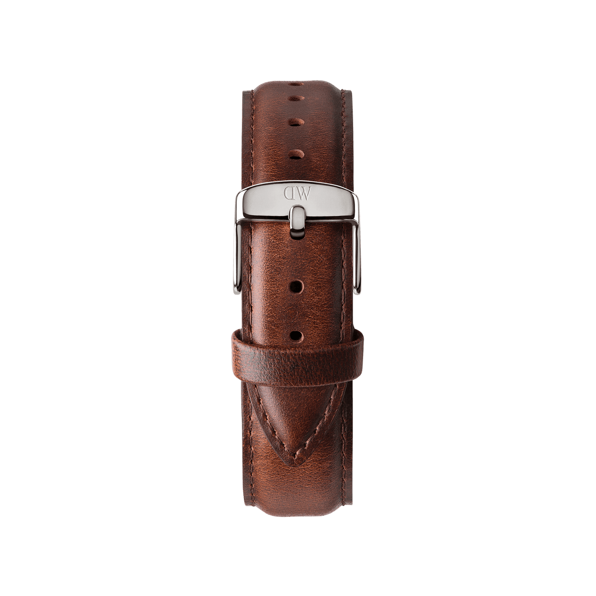 Brown leather watch strap from the Steven Harrington x DW set, featuring fine stitching and a polished silver buckle engraved with the DW logo.