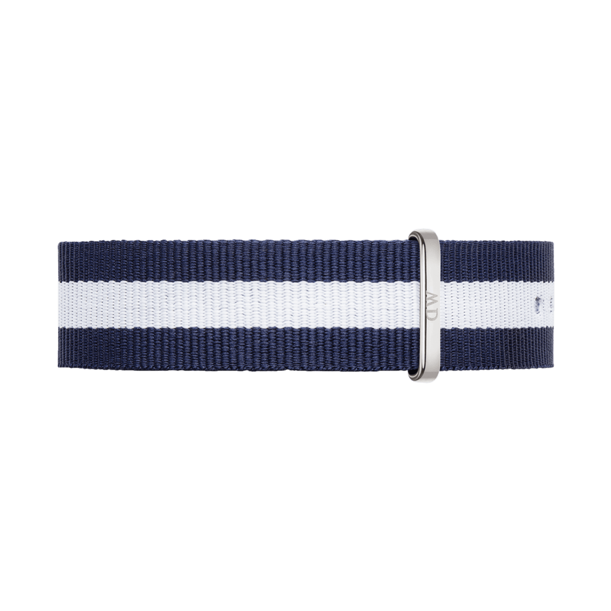 Classic Daniel Wellington Glasgow Strap Silver featuring navy and white stripes in durable polyester, finished with a polished silver buckle for a refined, nautical-inspired look.