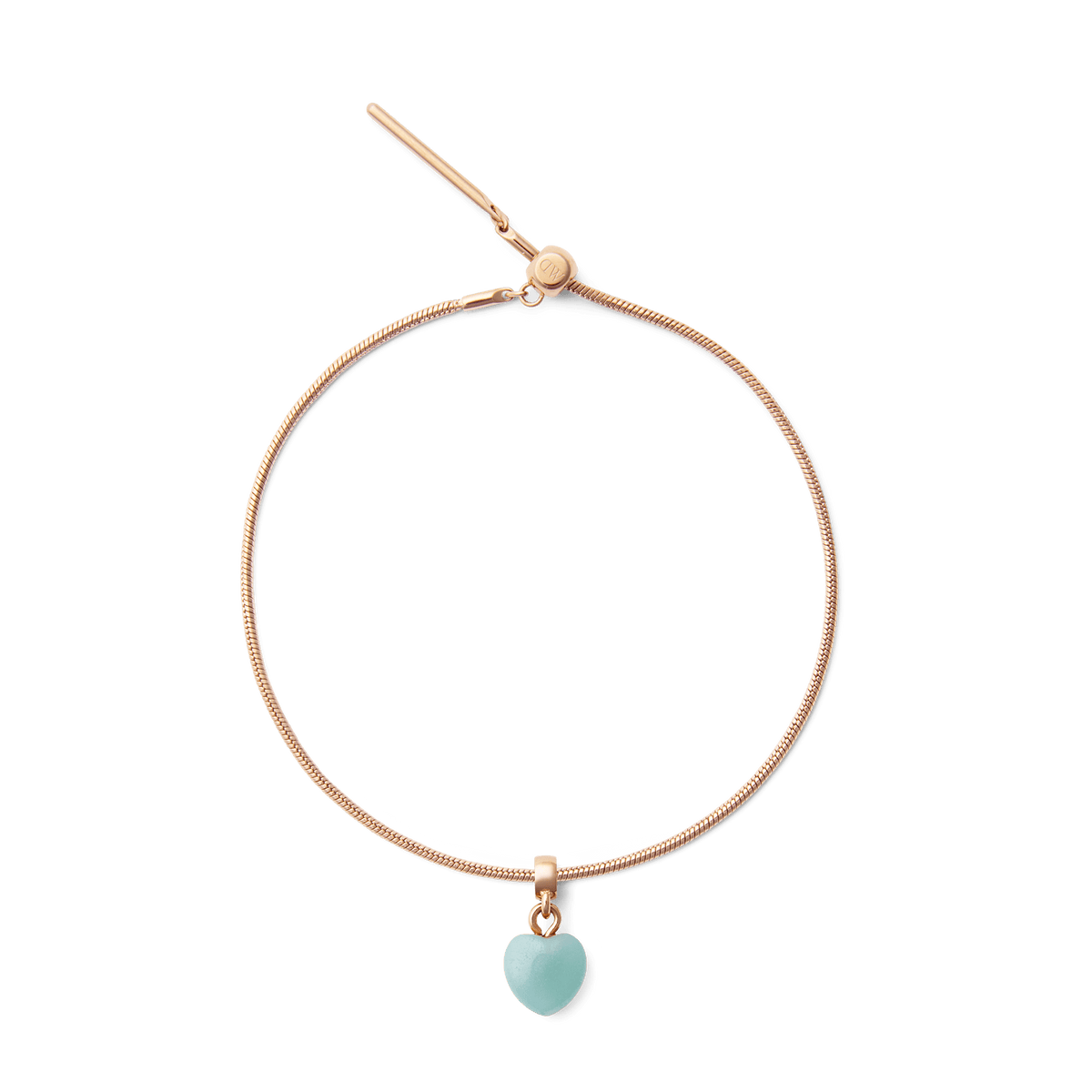 Rose gold bracelet featuring a delicate heart-shaped amazonite charm with a soft blue-green stone, designed for a refined and modern jewellery look.