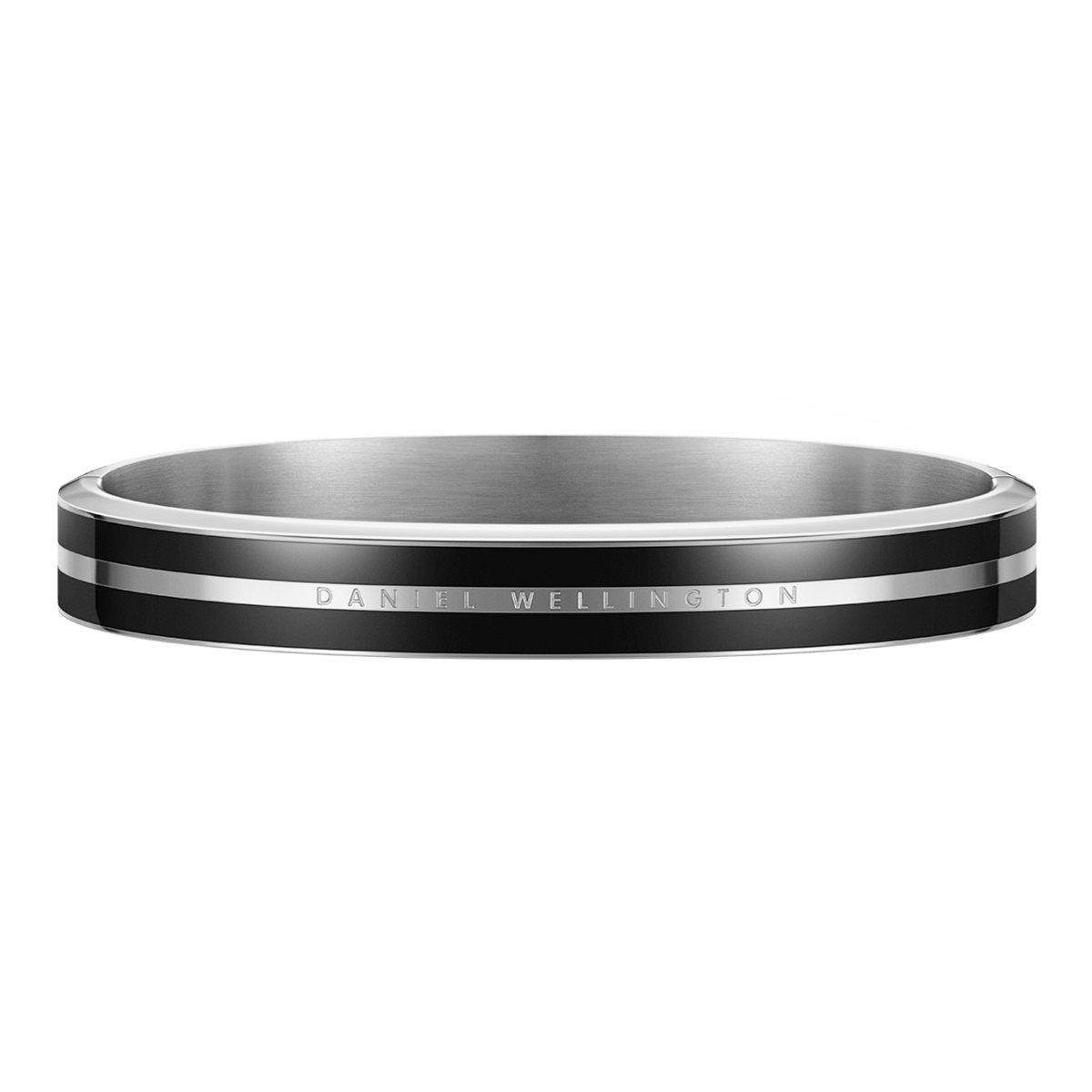 Daniel Wellington Emalie Infinite Silver Black bangle with polished stainless steel and two glossy black enamel stripes, finished with subtle engraved branding.