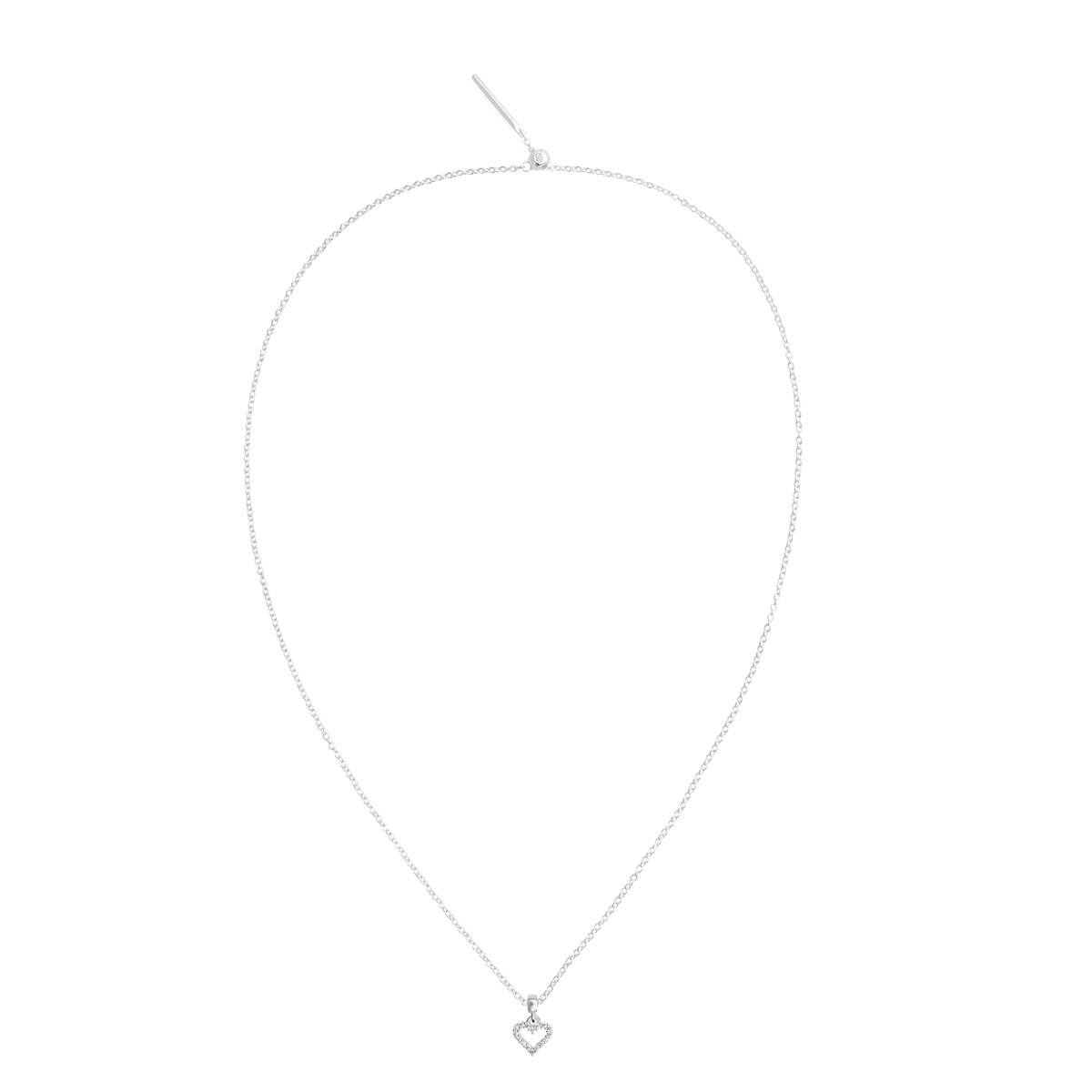 Delicate silver necklace with an adjustable chain, featuring a heart contour white crystal charm set with sparkling cubic zirconia.