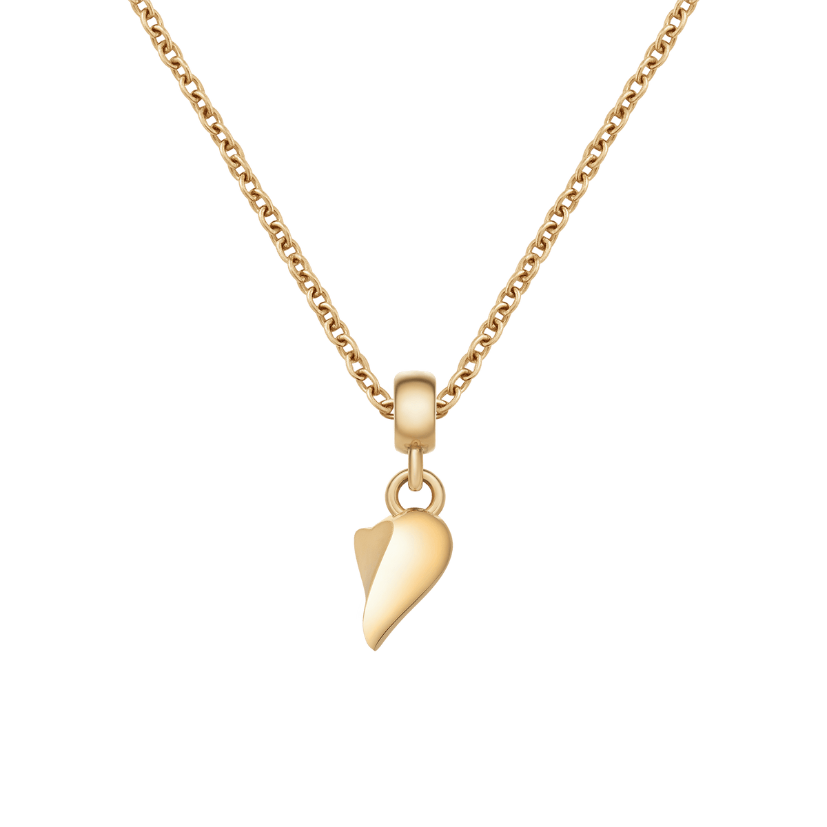 Single half of a polished gold broken heart charm with an organic wave detail, hanging from a matching gold chain necklace.