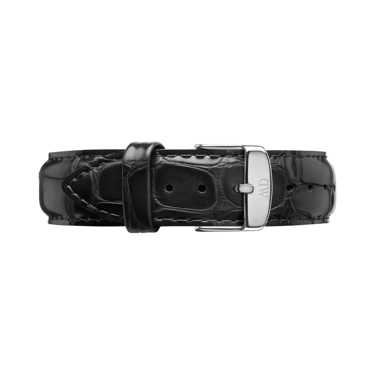Black croc embossed leather watch strap with a polished silver buckle engraved with subtle branding, showcasing a refined texture and classic design.
