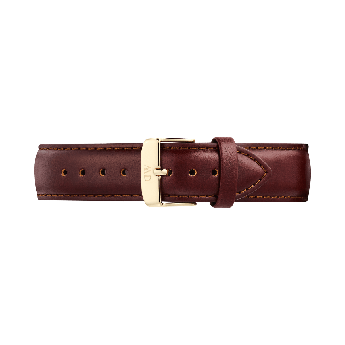 Brown leather watch strap with a tapered silhouette, featuring contrast stitching and a polished gold pin buckle engraved with the Daniel Wellington logo. The strap showcases a smooth finish and quick-release connector for easy attachment.