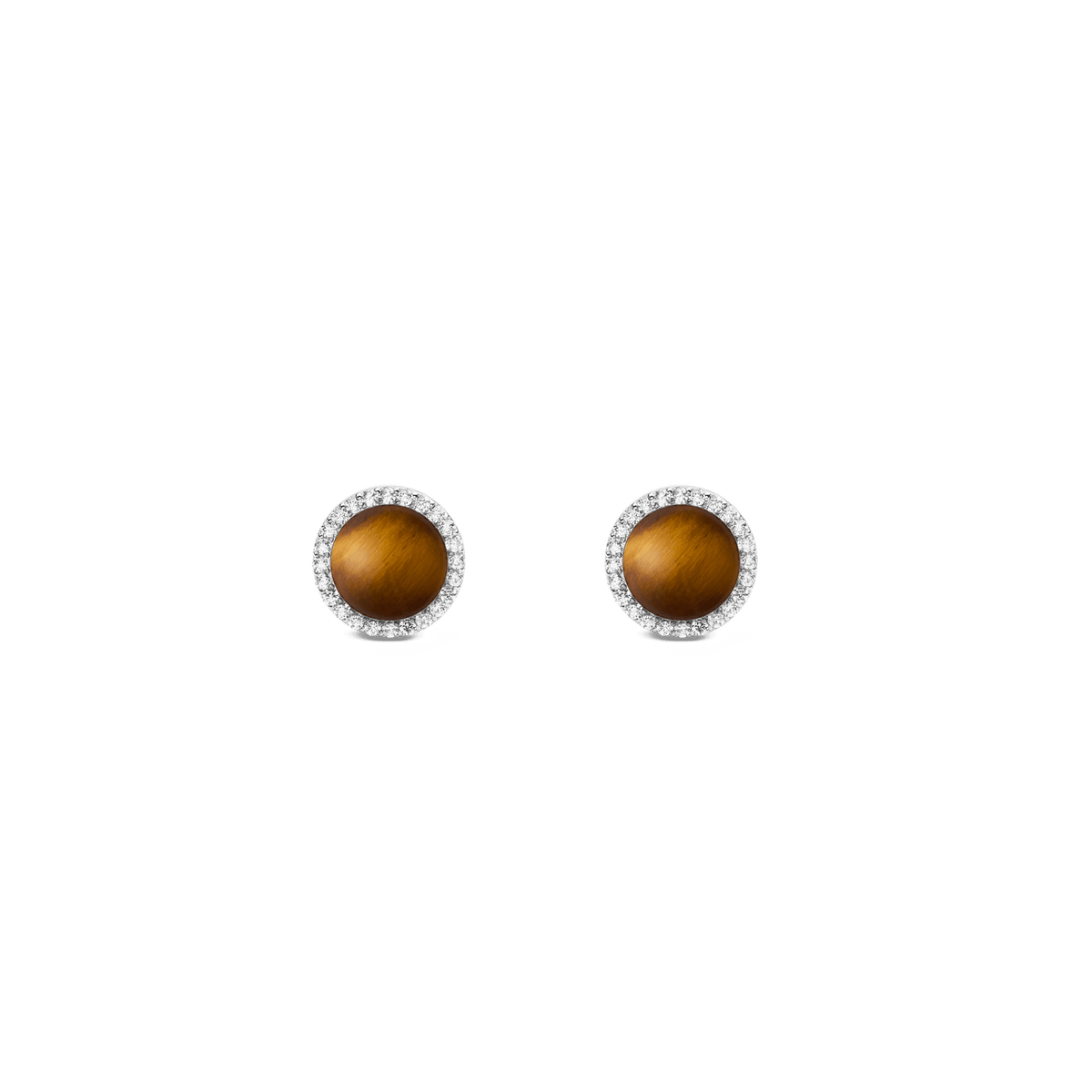 Tiger eye stud earrings with golden-brown stones, silver-tone setting, and cubic zirconia halo detailing.