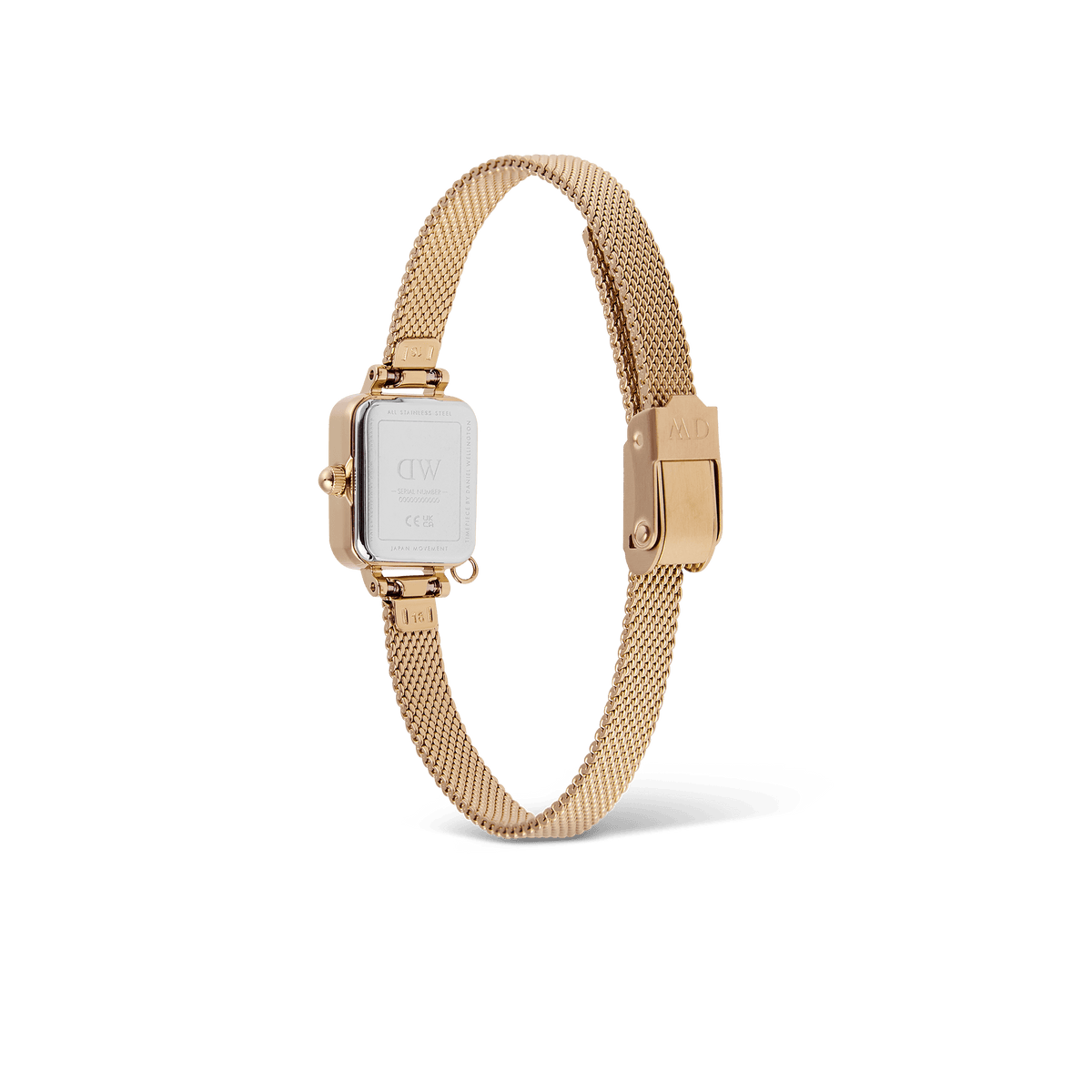 Quadro Mini Crystal Zodiac Evergold watch showing adjustable gold mesh strap, secure clasp, and engraved case back.