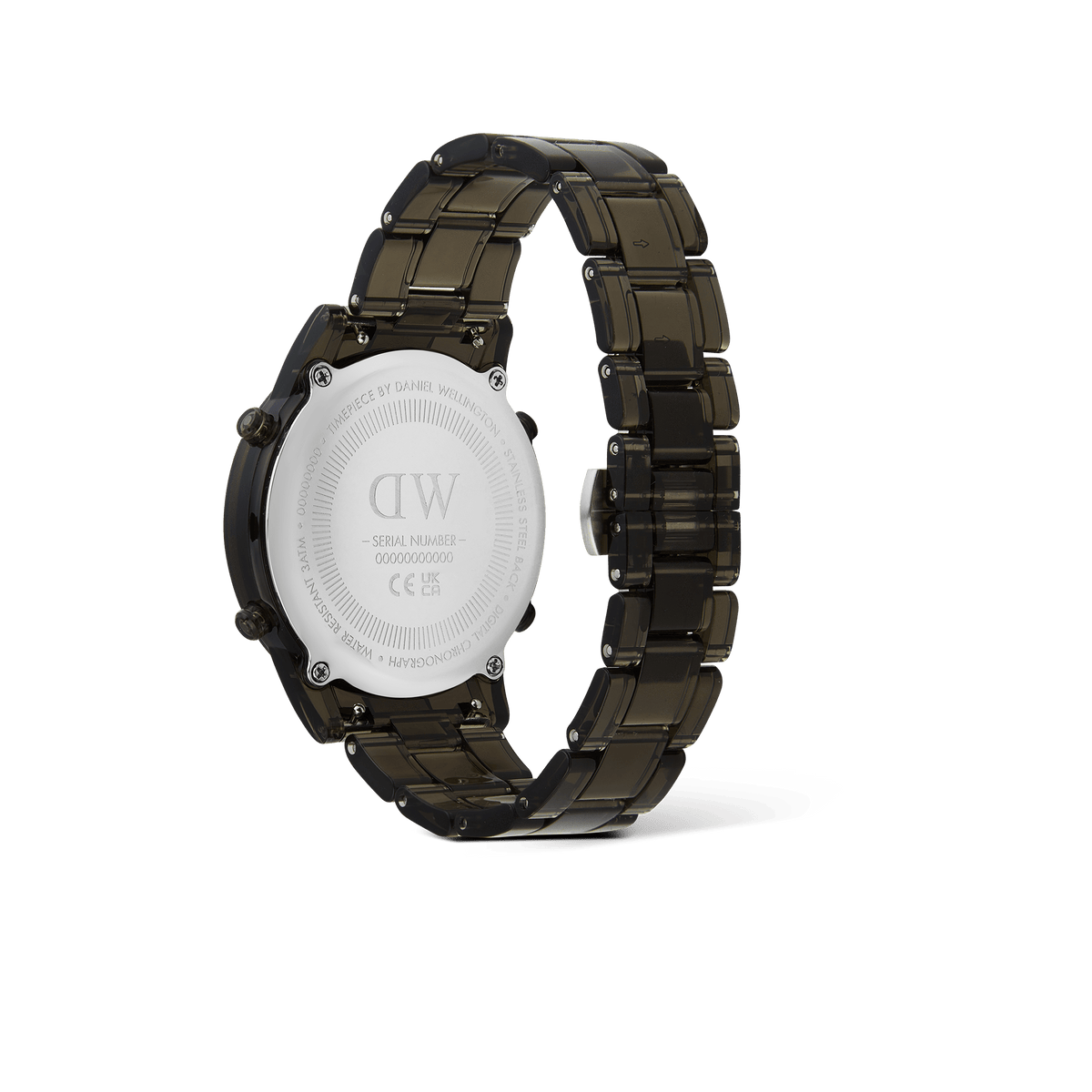Rear view of the Daniel Wellington Retro Digital Dark Grey watch showing the engraved stainless steel case back and dark grey link strap.