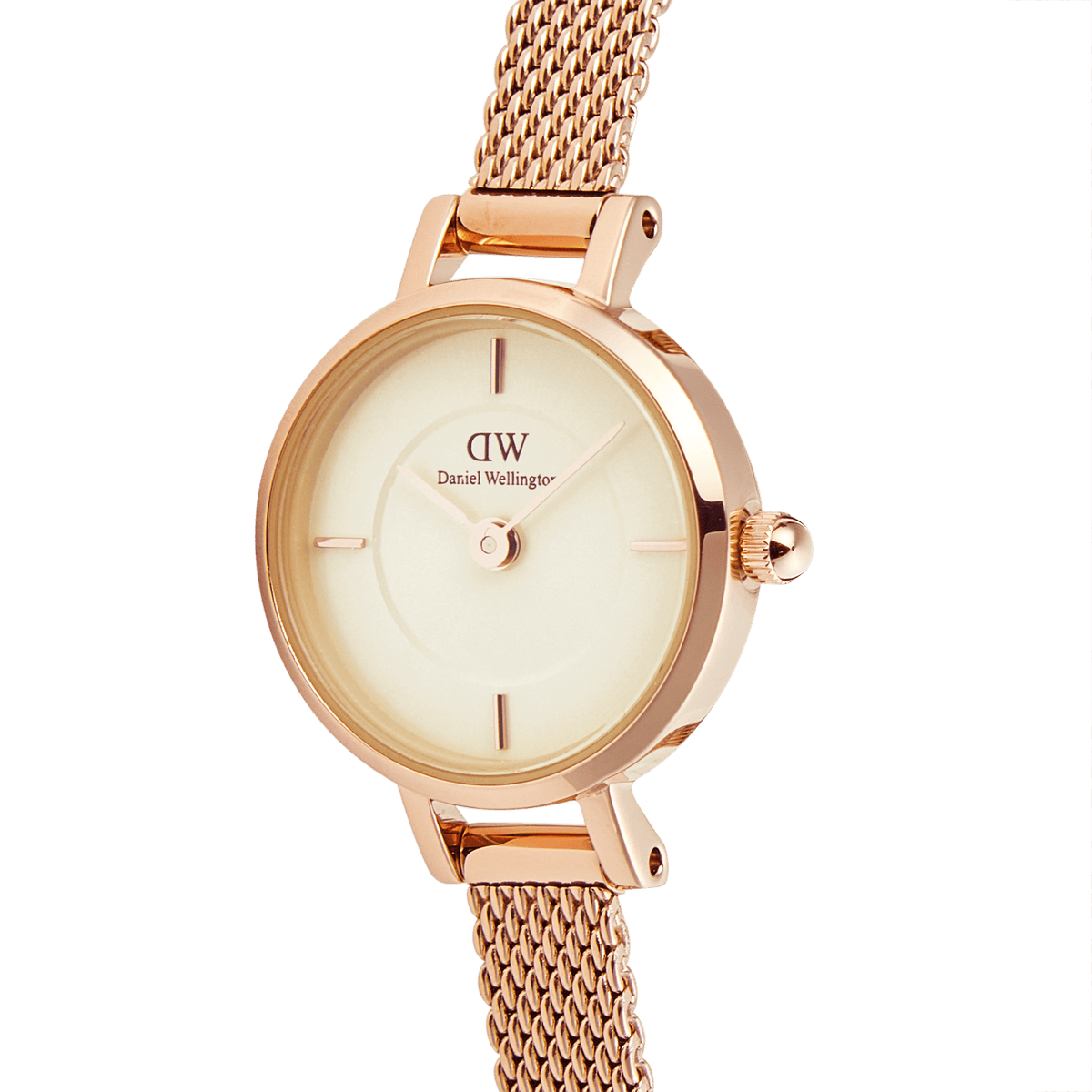 Close-up of the Petite Mini Champagne Melrose watch showing its champagne dial, minimalist markers, and rose gold mesh strap.