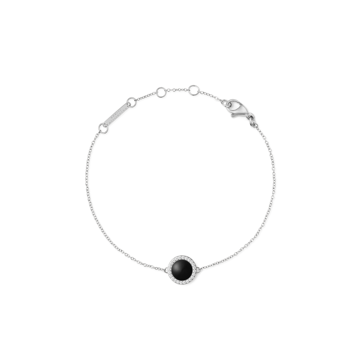Silver bracelet with a round black agate centrepiece, cubic zirconia halo, and adjustable fine chain with lobster clasp.