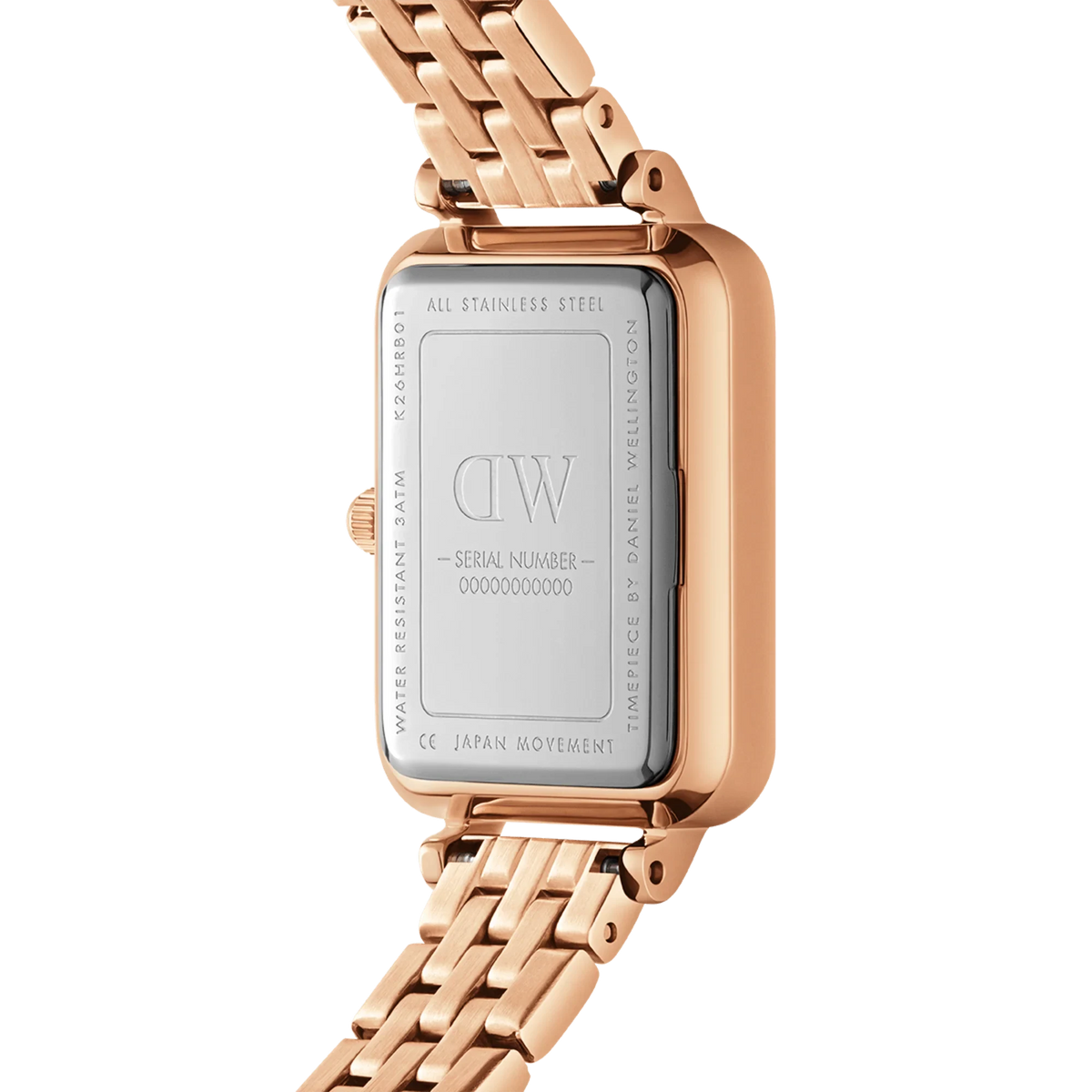 Back view of the Quadro Lumine Bezel 5-Link Melrose watch, showing the stainless steel caseback with engraved branding, water resistance details, and rose gold 5-link bracelet.