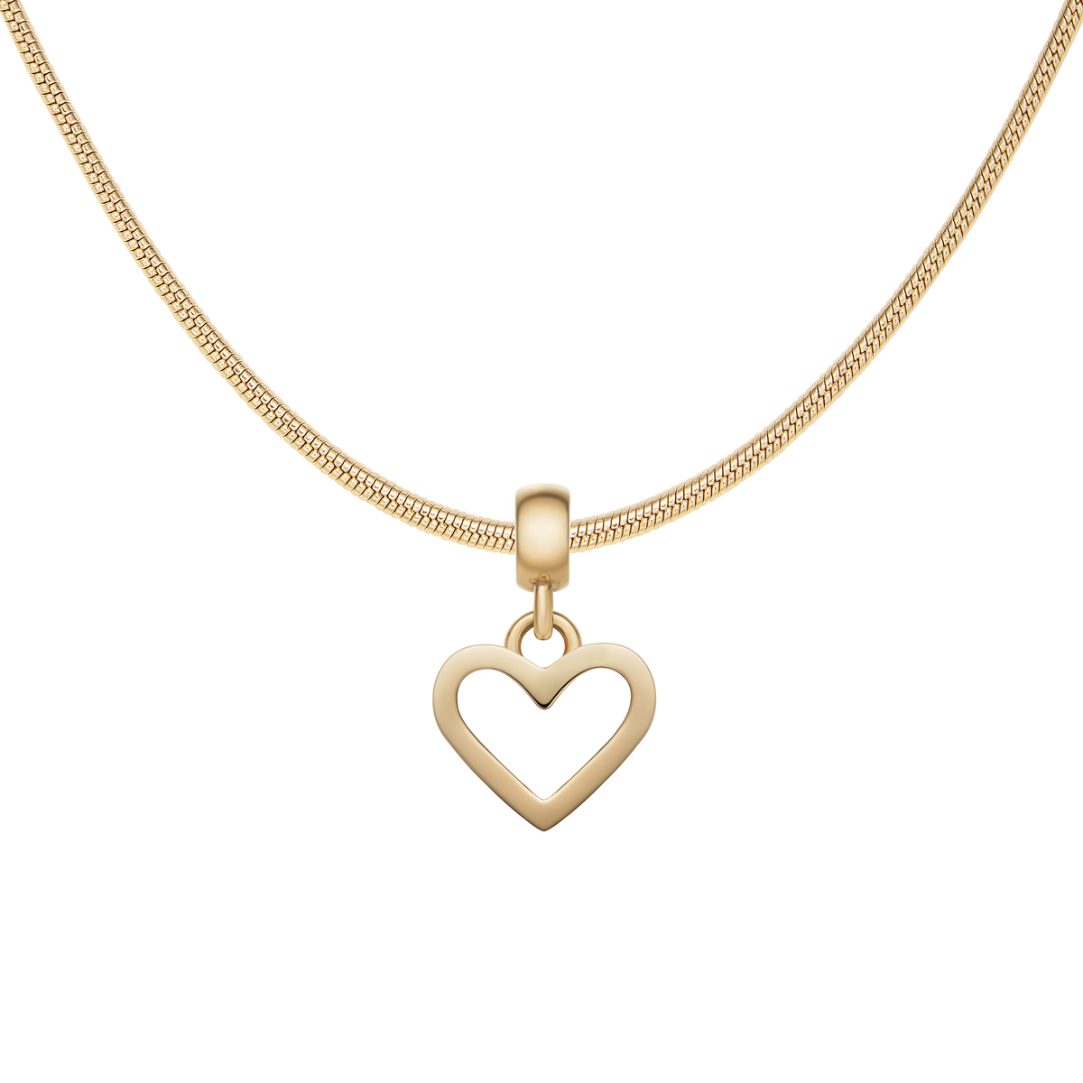 Polished gold heart contour charm with an open heart silhouette, suspended from a sleek gold chain, showcasing minimalist and elegant jewellery styling.
