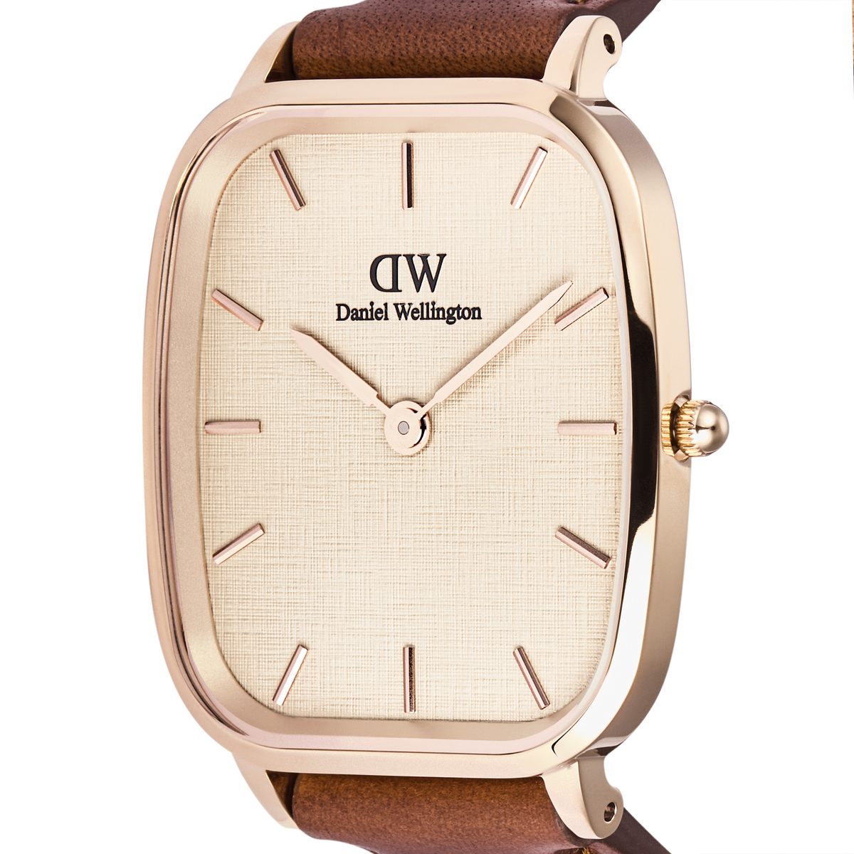 Close-up of Marlon St Mawes Linen Rose Gold watch with linen-textured dial, rose gold case, and brown leather strap.
