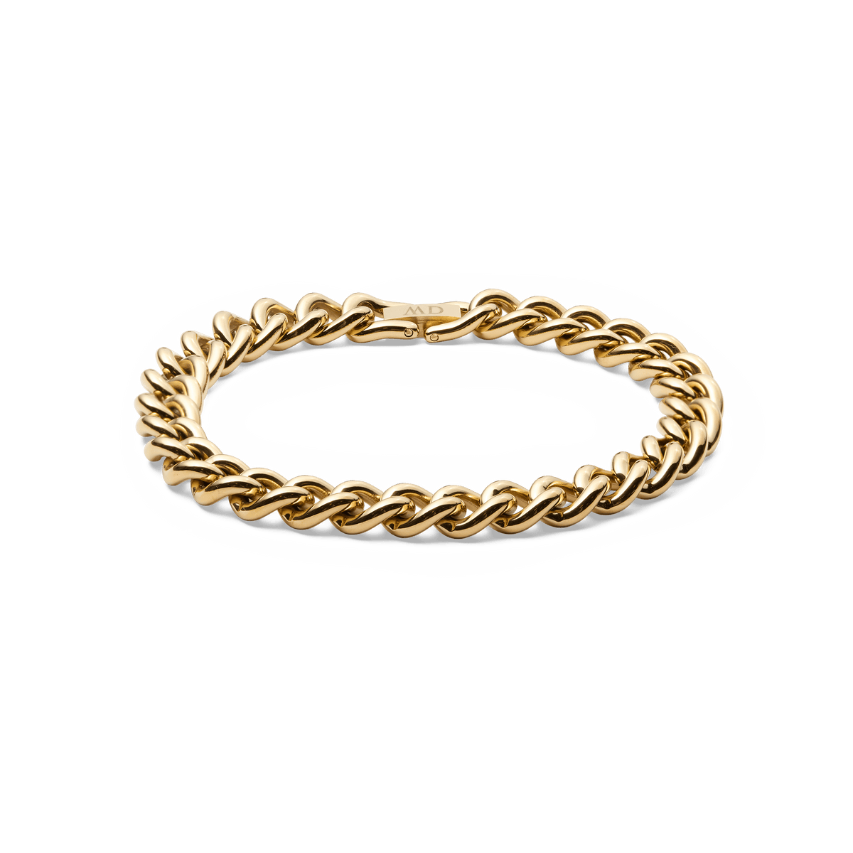 Polished gold chunky chain bracelet with rounded links and a fold-over clasp, crafted from stainless steel and designed for a bold yet refined look.