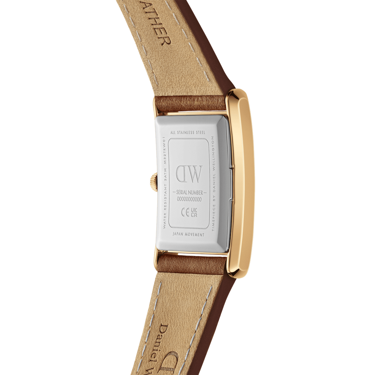 Back view of Bound Durham Gold women’s watch showing stainless steel case and brown genuine leather strap by Daniel Wellington.