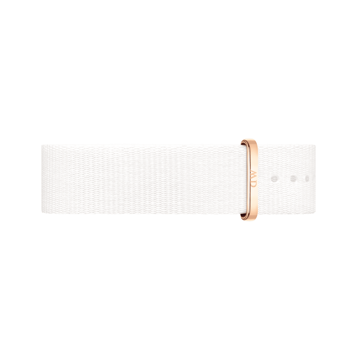 High-quality white polyester nato watch strap with an adjustable rose gold buckle, offering a sleek and elegant upgrade for Daniel Wellington watches.