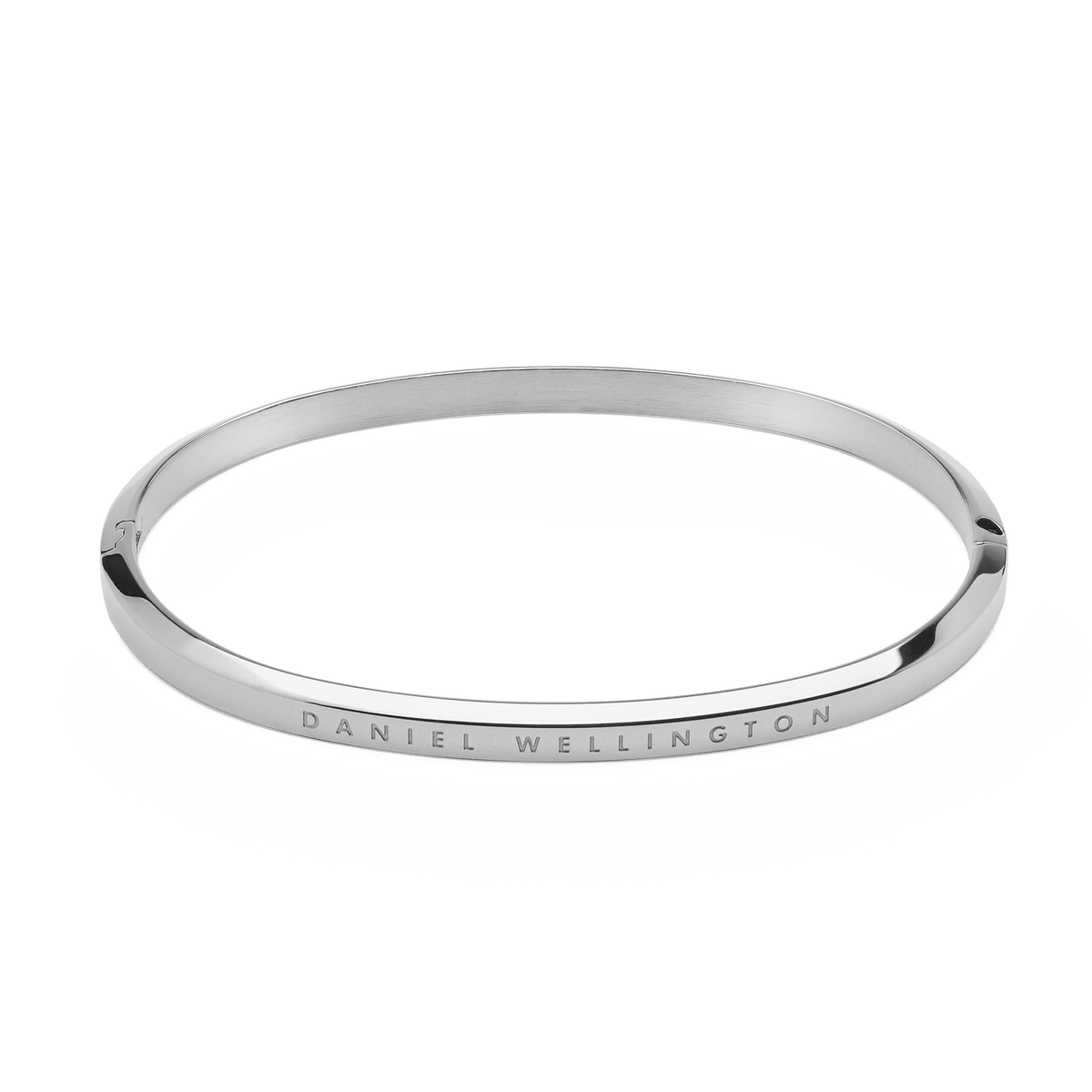 Daniel Wellington Classic Bangle Silver with a polished stainless steel finish, featuring a slim, minimalist design and subtle engraved branding along the outer edge.