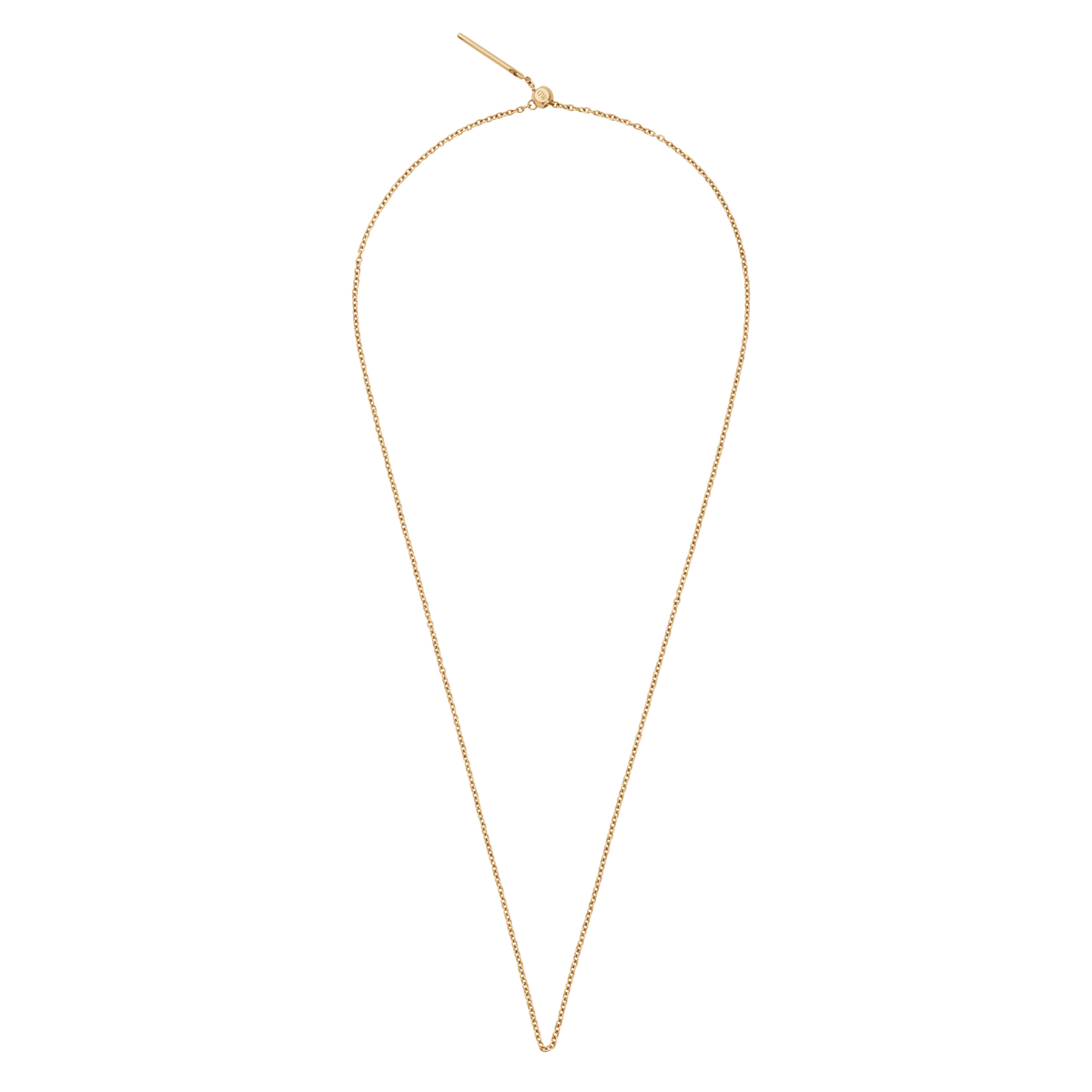 Charms Chain Necklace G crafted in gold PVD-plated stainless steel, shown fully extended with a sleek oval link chain and adjustable sliding clasp for a personalised fit.