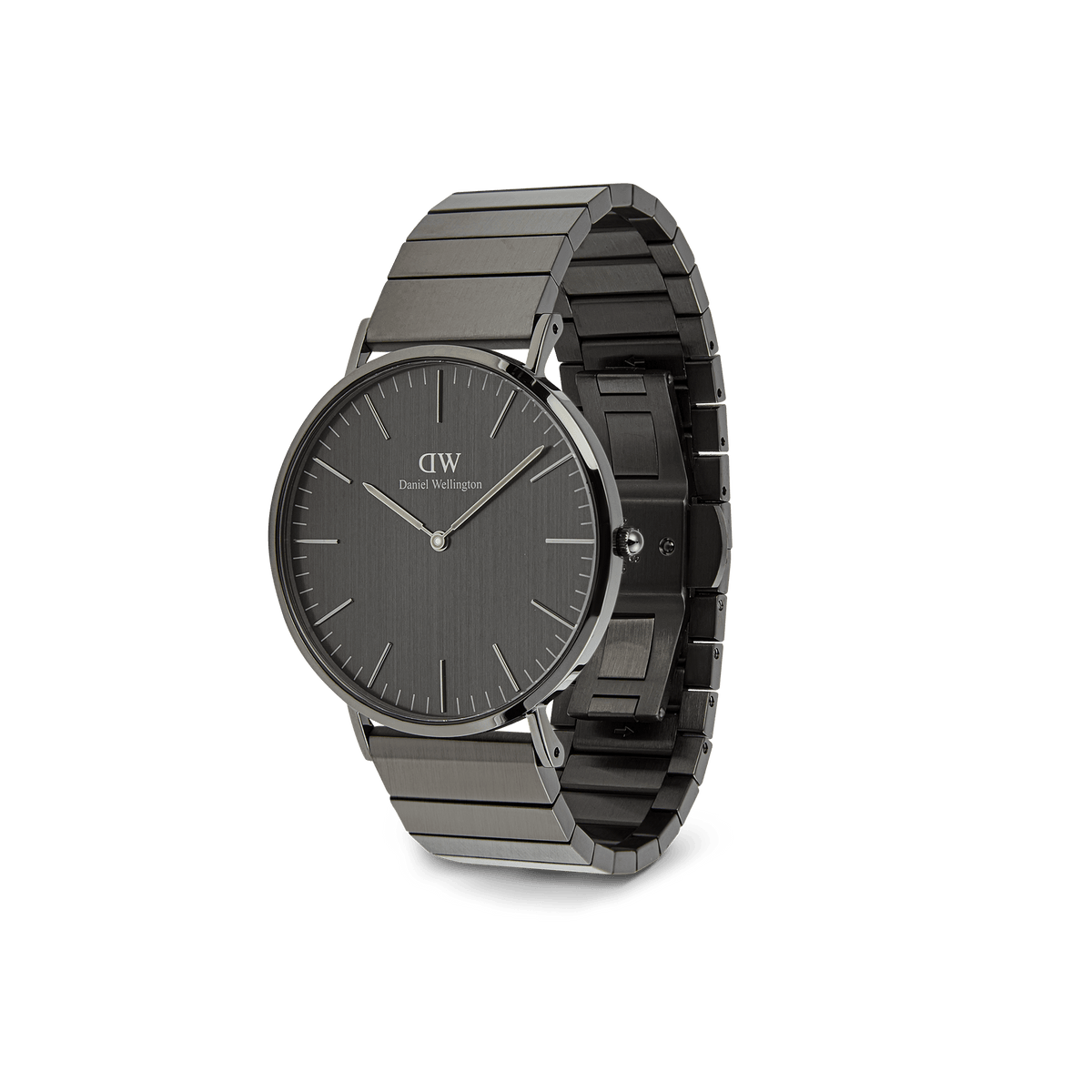 Classic Piano Link Graphite Unitone men’s watch with a brushed graphite dial, minimalist markers, and a geometric graphite stainless steel piano link strap shown at an angle.