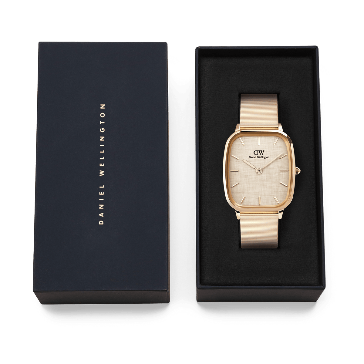 Daniel Wellington Marlon Wire Linen Rose Gold watch presented in a sleek black gift box, featuring a cushion-shaped rose gold case, linen-textured dial, and matching wire mesh strap.