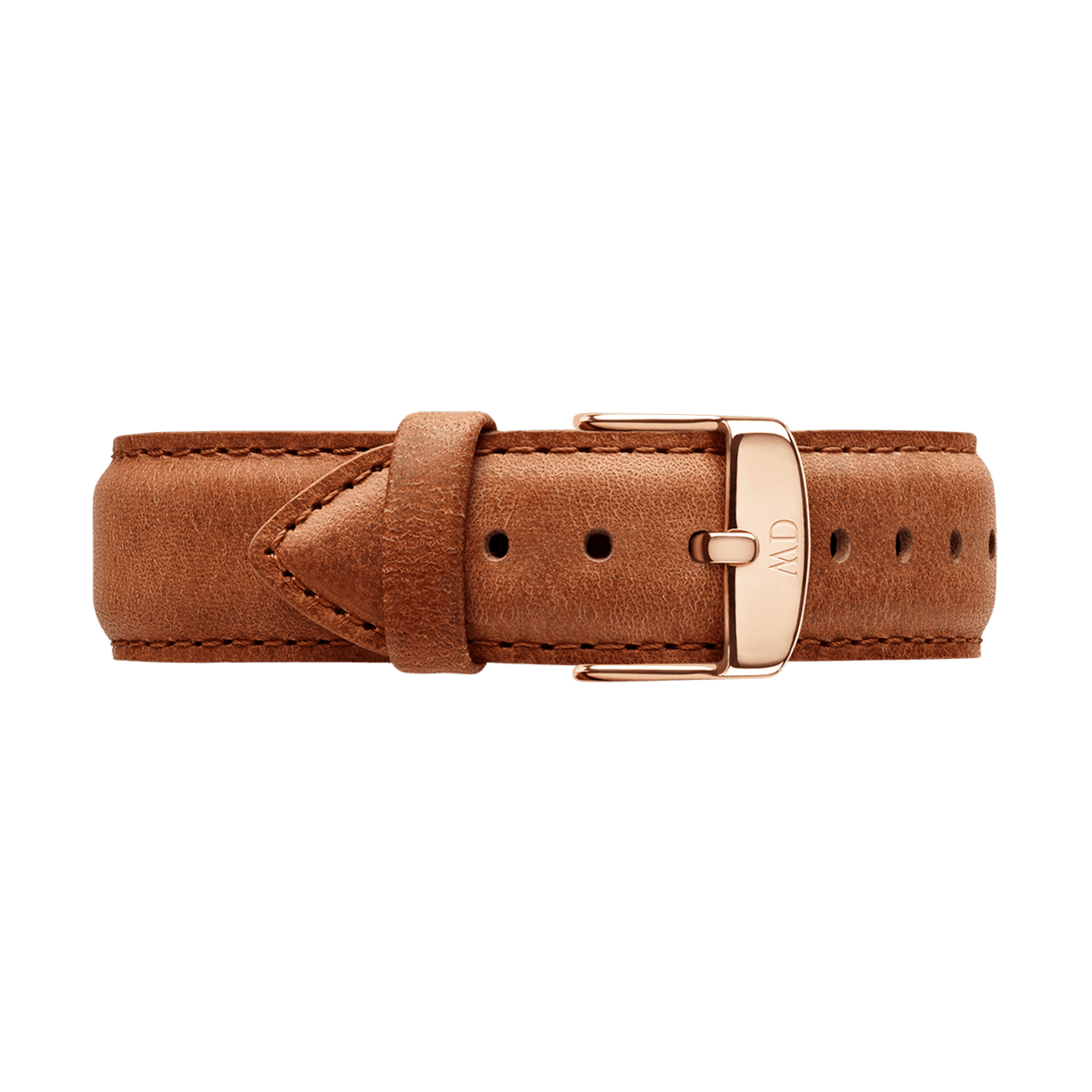 Light brown Durham Strap Rose Gold crafted from genuine leather, featuring a smooth vintage finish, detailed stitching, and a polished rose gold buckle engraved with the Daniel Wellington logo.
