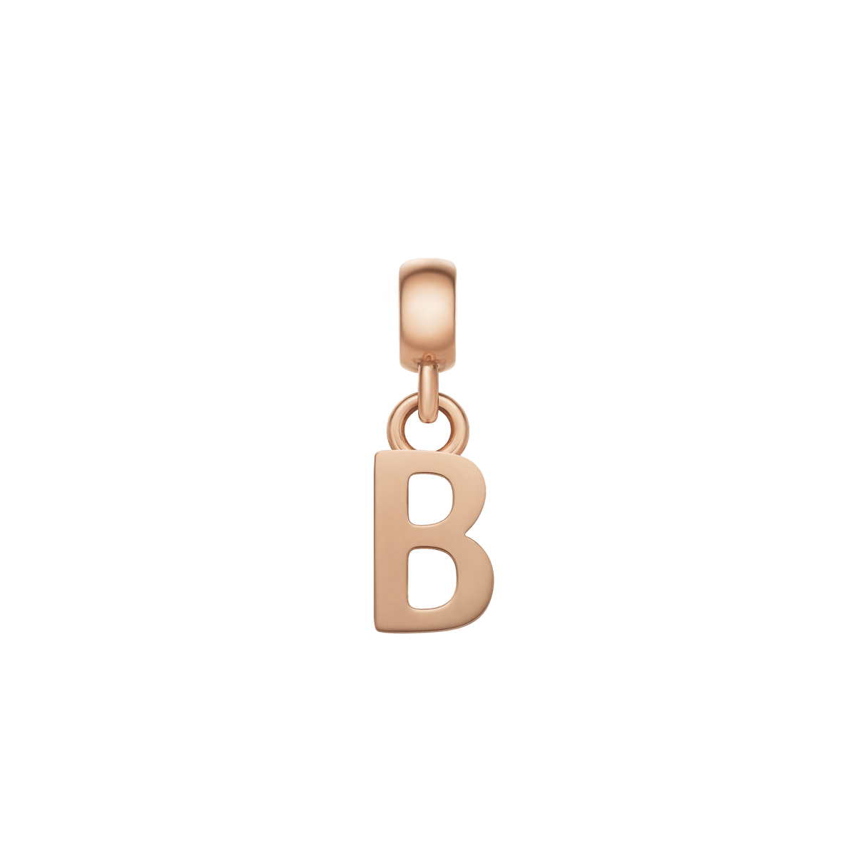 Rose gold letter B charm with a smooth, polished finish and minimalist design, crafted from stainless steel and featuring an anti-slip silicone lining for secure placement on bracelets or necklaces.