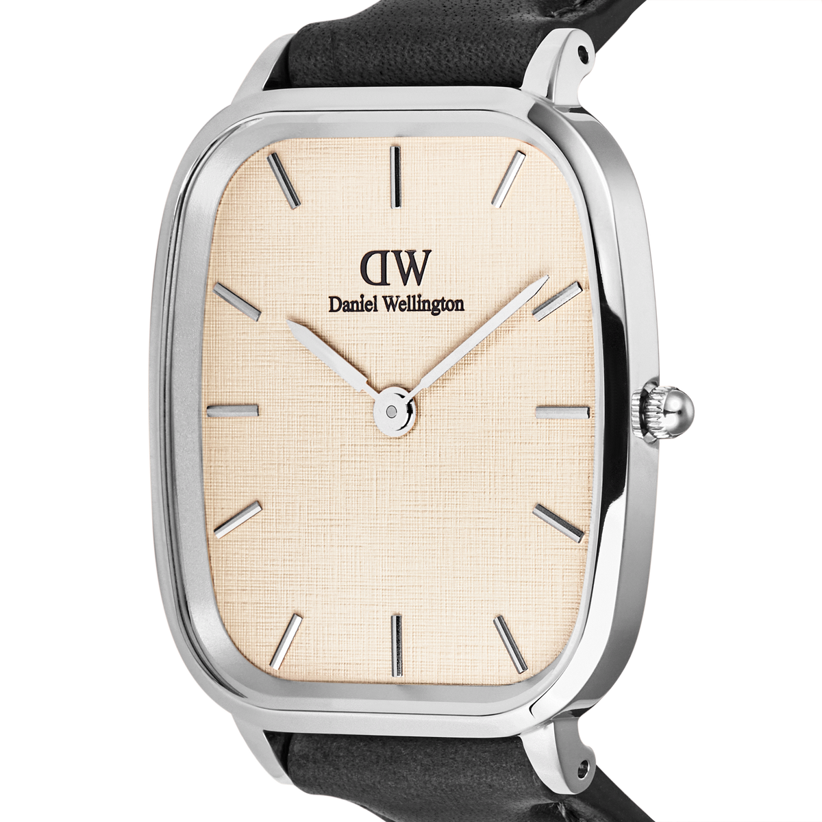 Close-up of Marlon Sheffield Linen Silver watch with beige linen-textured dial, silver case, and black leather strap.