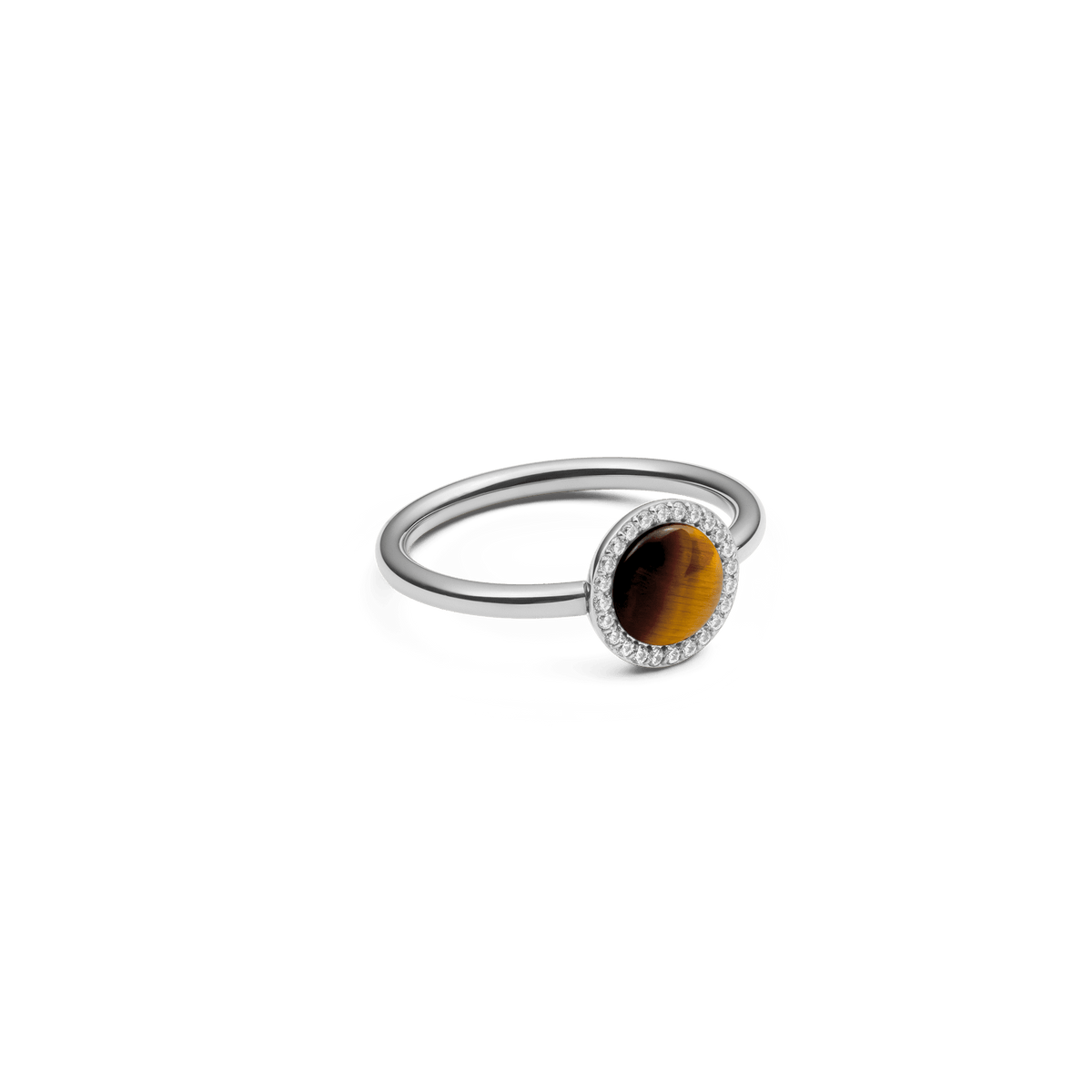 Audrey Ring Tiger Eye Silver with oval Tiger Eye gemstone, cubic zirconia halo and slim stainless steel band, elegant jewellery.