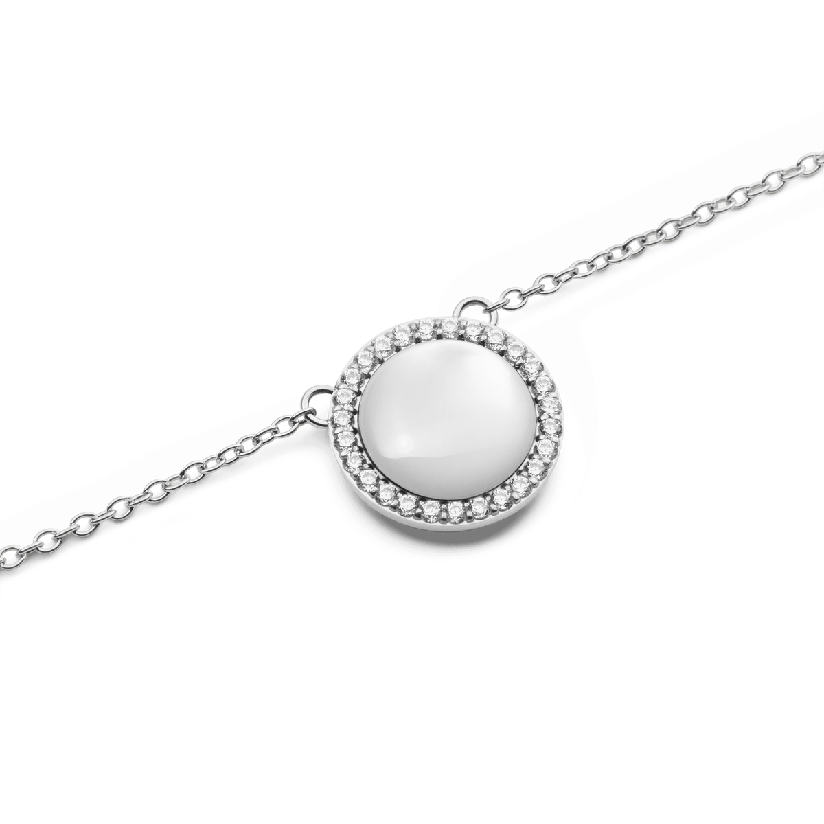 Silver necklace with domed mother of pearl pendant, surrounded by sparkling cubic zirconia on a fine adjustable chain.