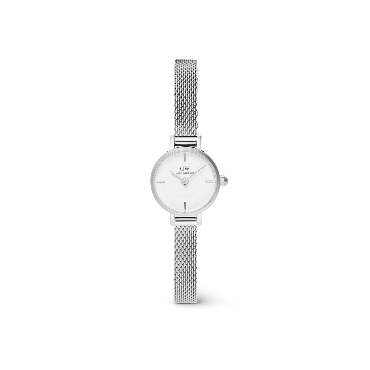 Petite Mini Sterling women’s watch with 19mm silver case, minimalist white dial, and slim stainless steel mesh strap.