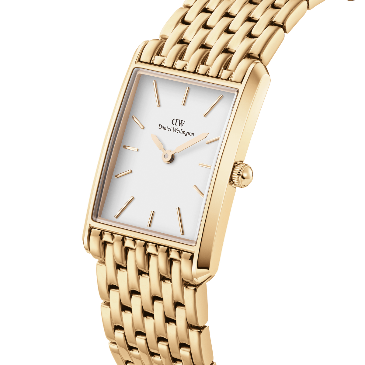 Bound 9-Link Gold women’s watch with rectangular gold case, white minimalist dial and 9-link gold bracelet by Daniel Wellington.