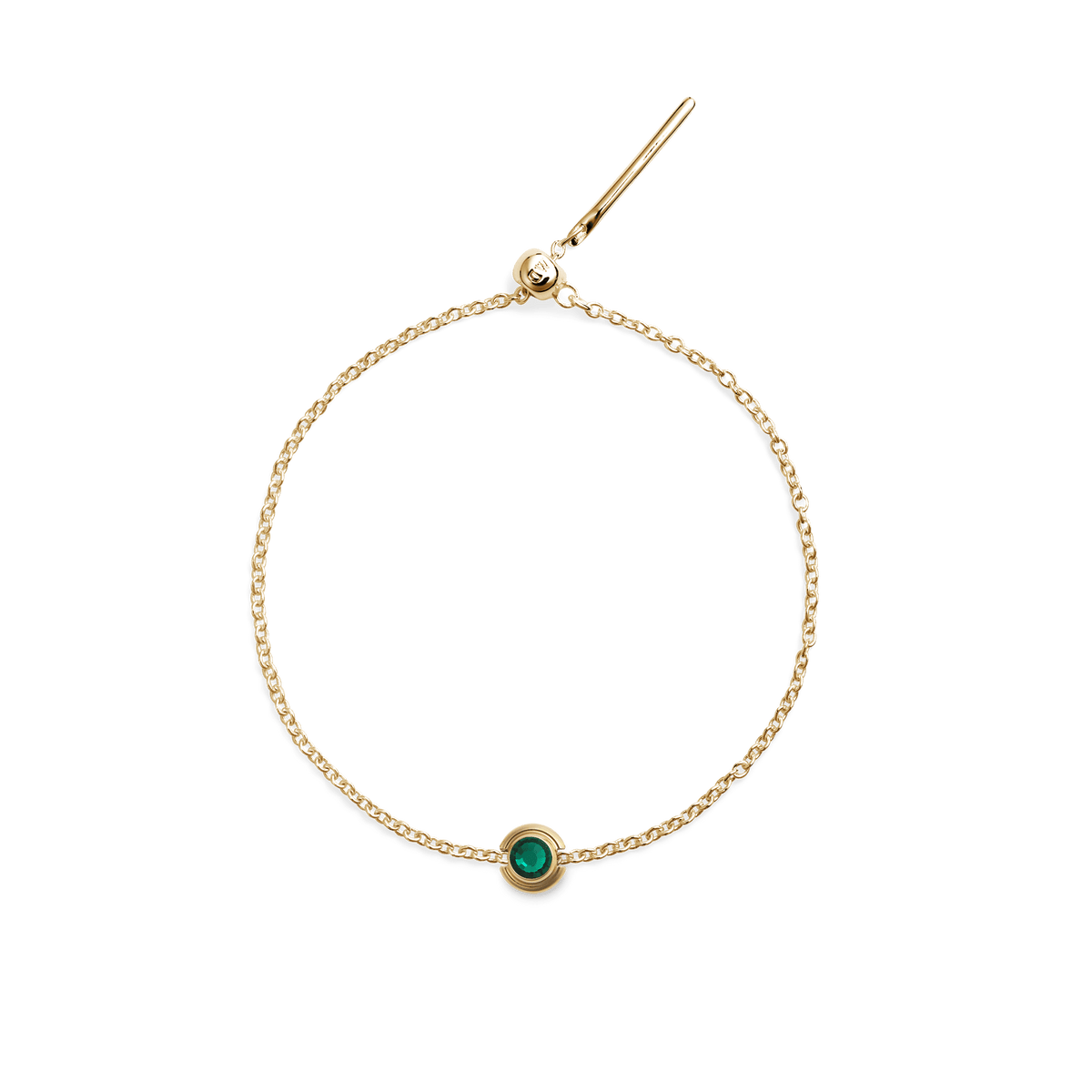 Delicate gold bracelet featuring a central green crystal charm set in a polished gold-coloured stainless steel frame.