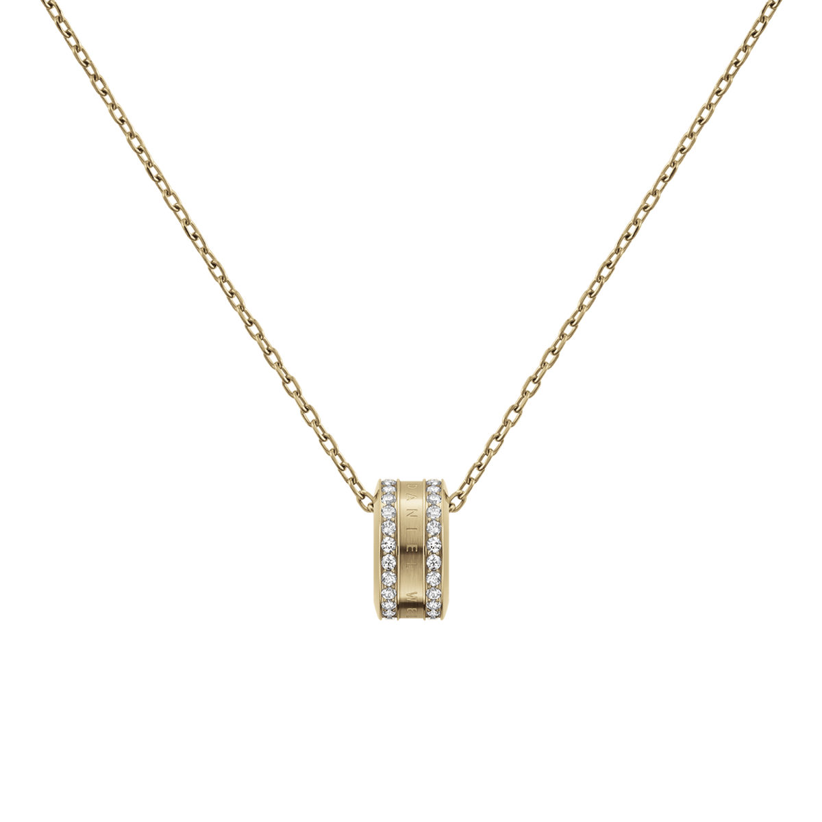 Gold Elan Lumine Necklace featuring a fine cable chain and a central ring pendant with crystal detailing on both sides, offering a minimalist and elegant look.
