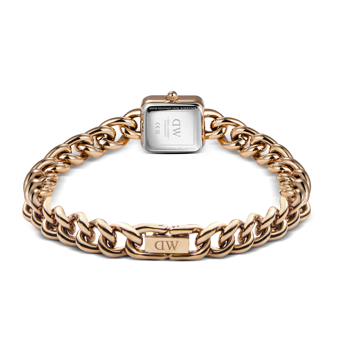 Back view of the Jolie Chain Rose Gold women’s watch, showing the engraved case back and chunky rose gold chain bracelet with a secure fold-over clasp.