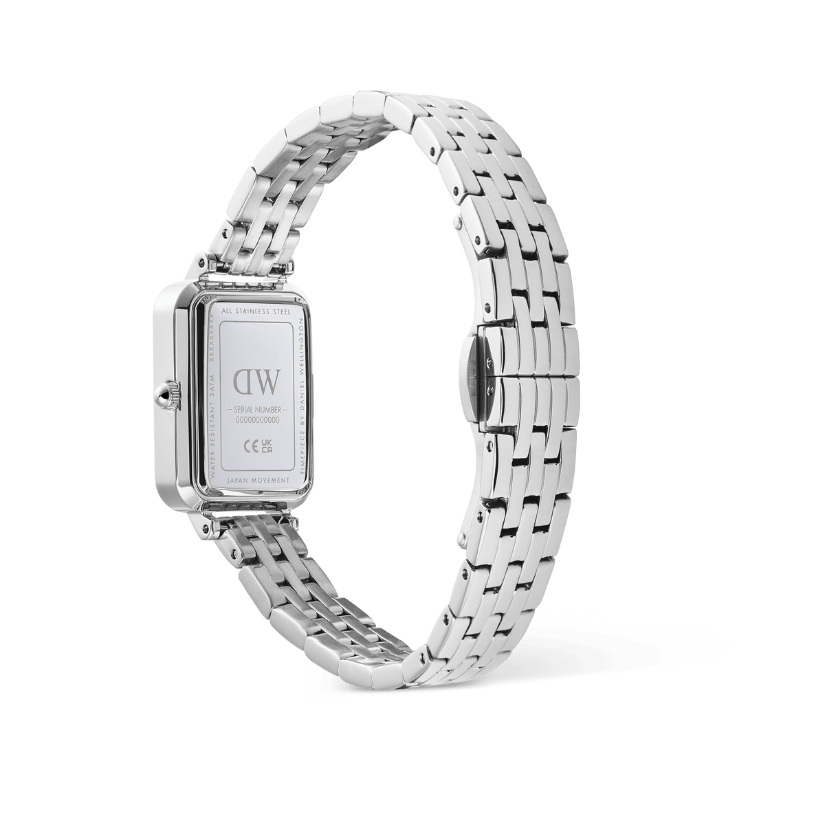 Rear view of the Quadro Roman Numerals Date 5-link Silver watch, showing the engraved stainless steel case back, polished five-link bracelet, and butterfly clasp.