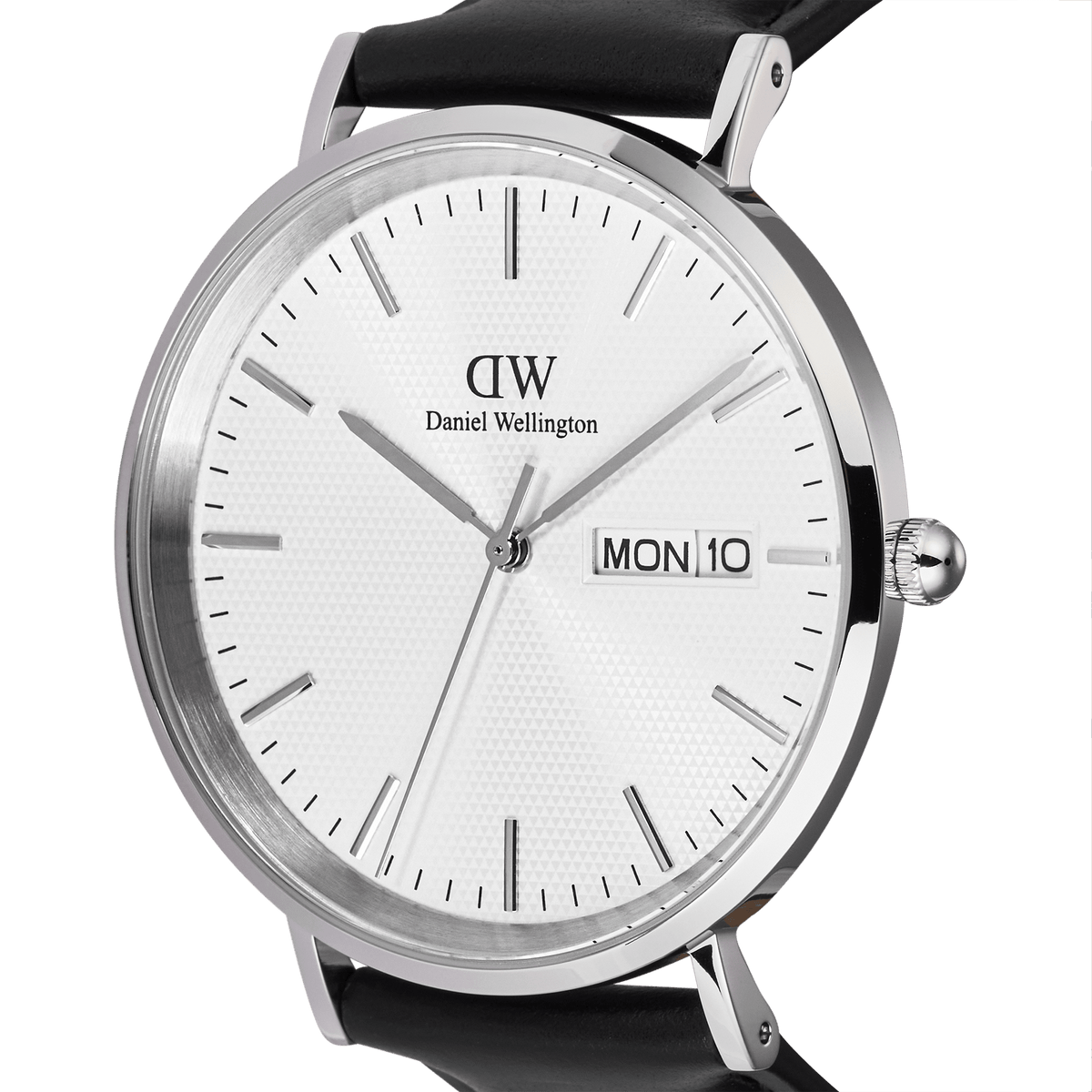 Close-up of the Classic Day Display Sheffield Silver watch, showcasing its white textured dial, brushed stainless steel case, minimalist hour markers, and integrated day and date display.