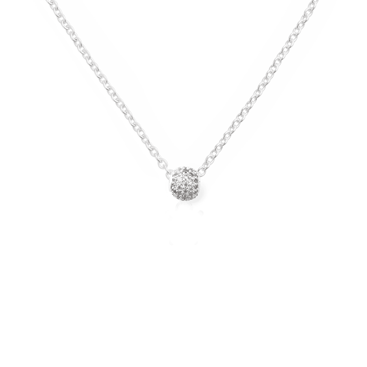 Pavé Orb White Crystal Charm displayed on a fine sterling silver chain, highlighting its sparkling cubic zirconia and elegant pavé finish.