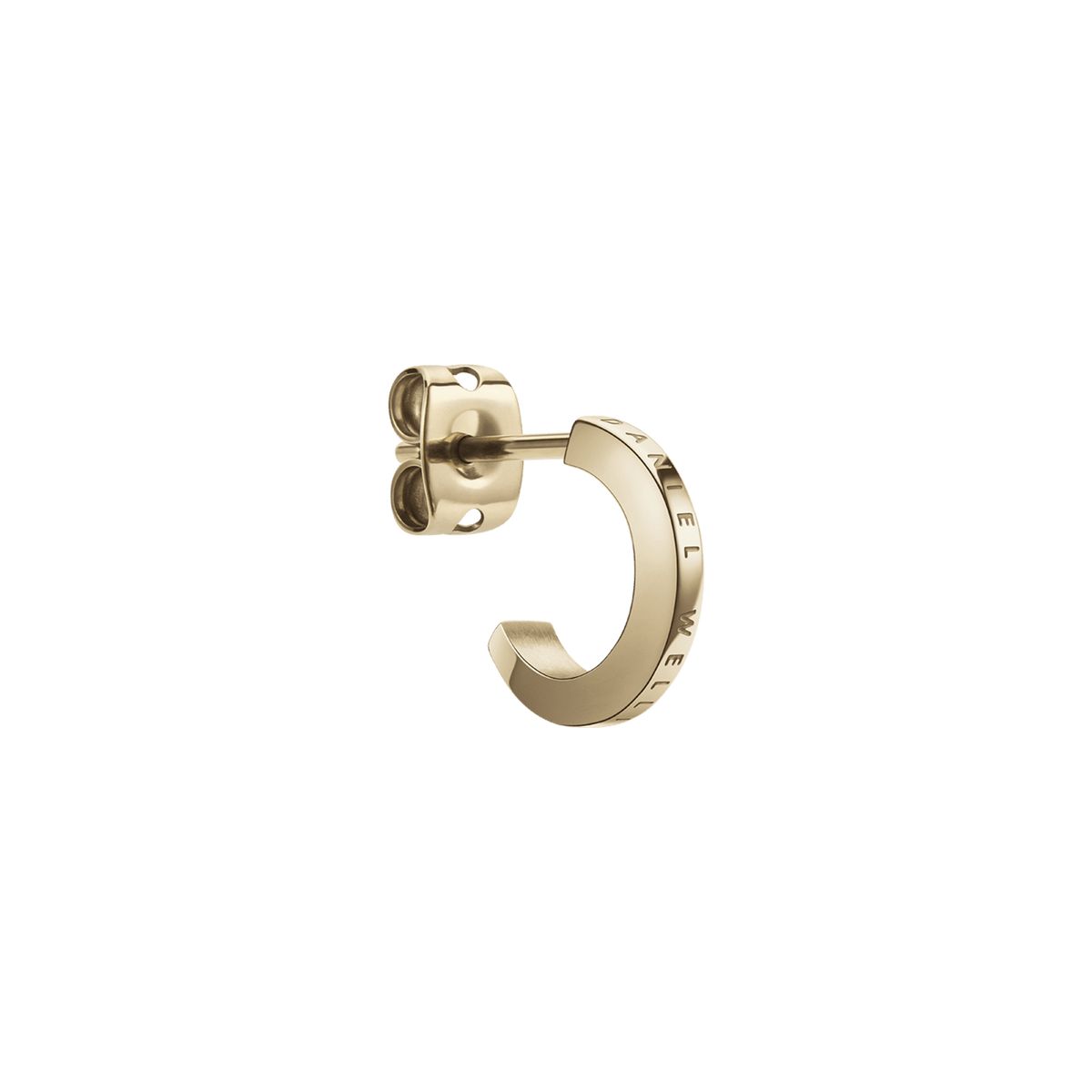 Single Elan Gold Earring featuring a small, polished hoop design with PVD gold plating, engraved with the Daniel Wellington logo and finished with a secure butterfly back.