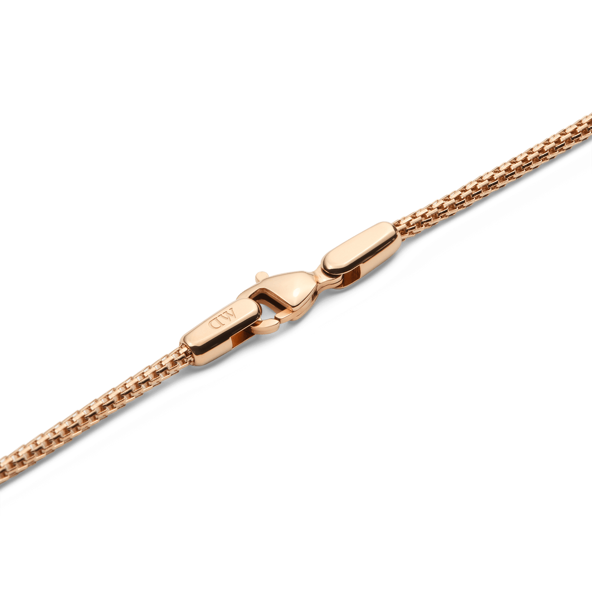 Detail of the Tide Mesh Necklace Rose Gold 1.8 showing the polished rose gold lobster clasp and fine mesh chain, crafted from stainless steel for a secure and elegant finish.