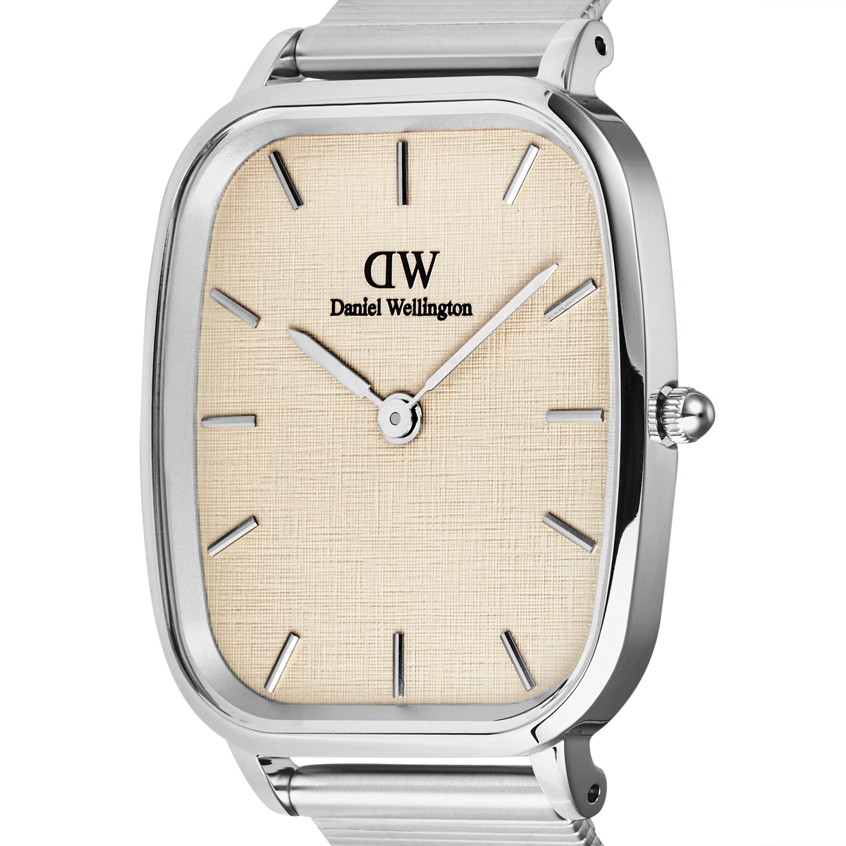 Close-up of the Daniel Wellington Marlon Wire Linen Silver watch, showcasing its cushion-shaped stainless steel case, linen-textured beige dial, minimalist silver hour markers, and sleek crown detail.