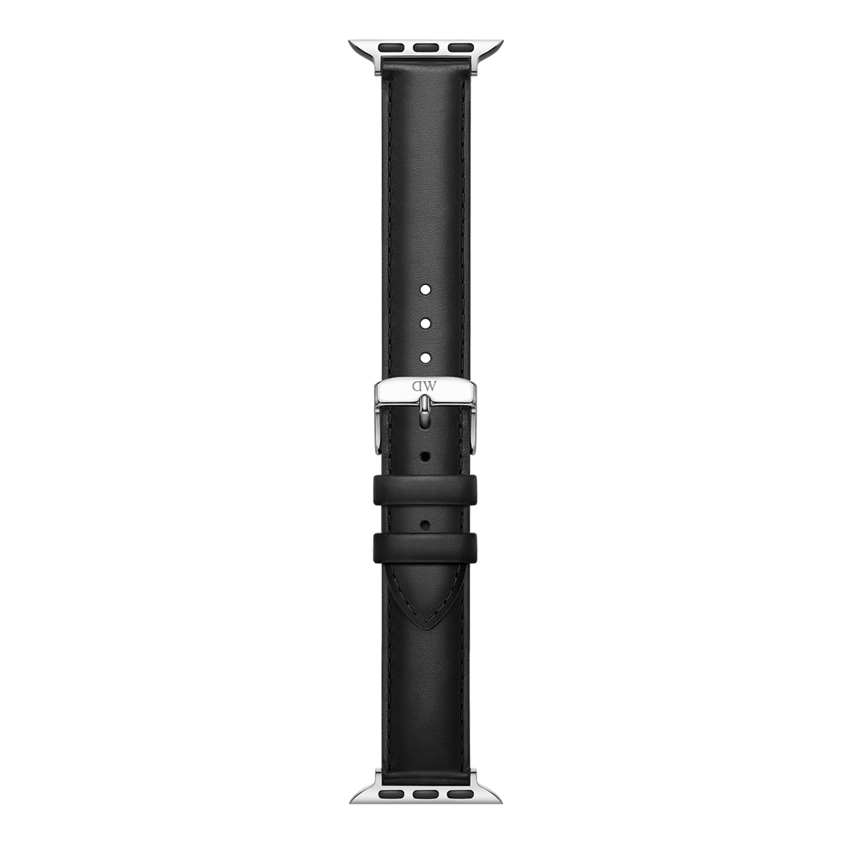 Daniel Wellington black genuine leather smartwatch strap with silver hardware and a polished buckle engraved with the DW logo, shown with Apple Watch connectors.