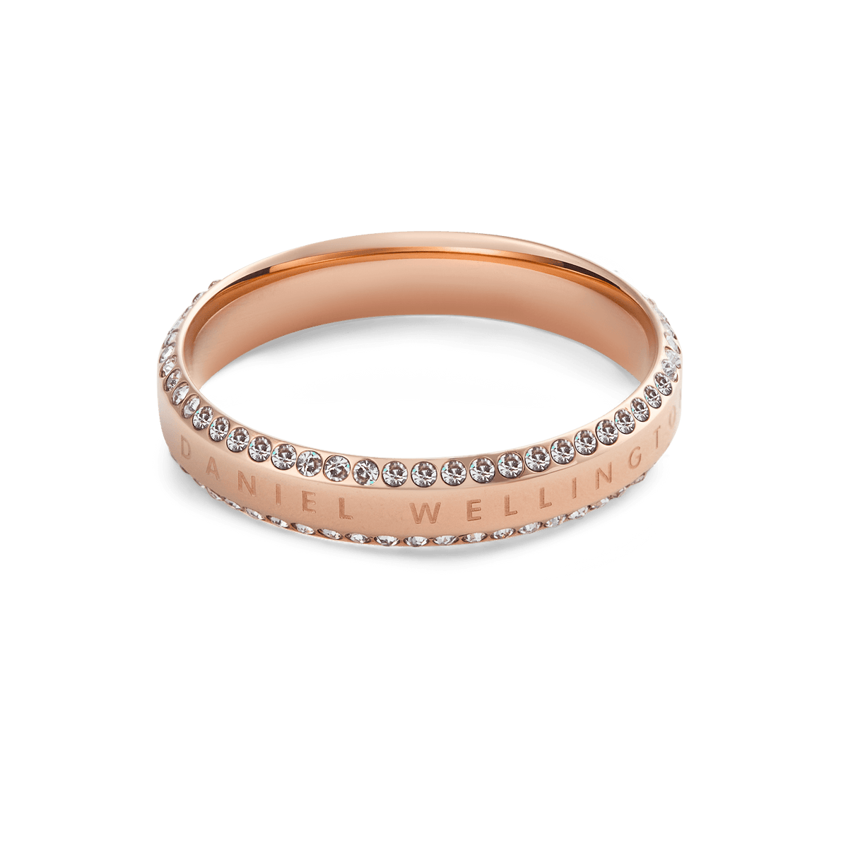 Elegant rose gold ring by Daniel Wellington, featuring a polished band with two rows of white cubic zirconia crystals and an engraved signature along the edge.