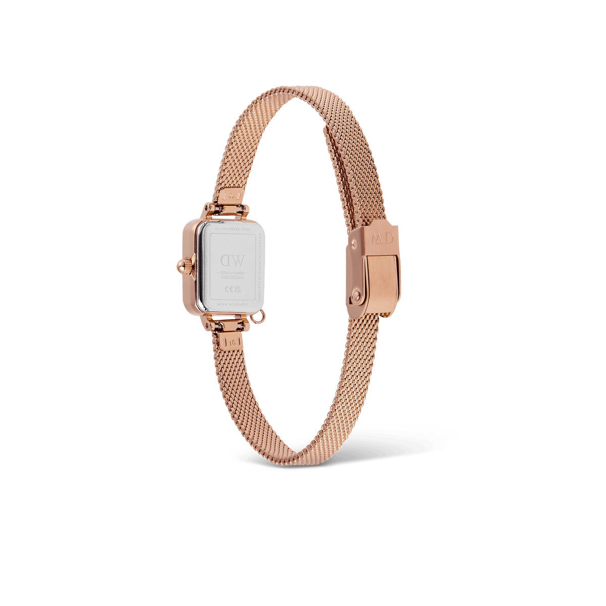Rear view of the Quadro Mini Crystal Zodiac Melrose watch, highlighting the rose gold mesh strap, secure clasp, and the stainless steel case back engraved with the Daniel Wellington logo.
