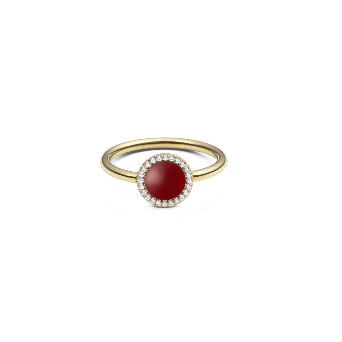 Gold ring with round red agate centre, surrounded by sparkling white cubic zirconia, slim polished band.