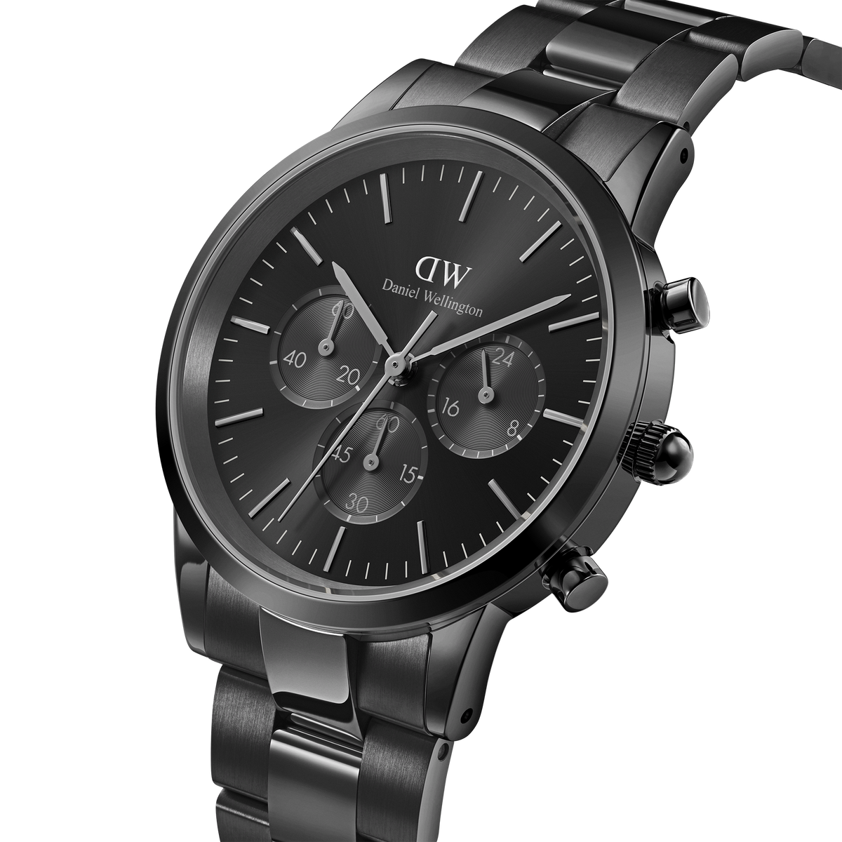 Iconic Chronograph Link Onyx B men’s watch with black sunray dial, three sub-dials, and stainless steel link bracelet.