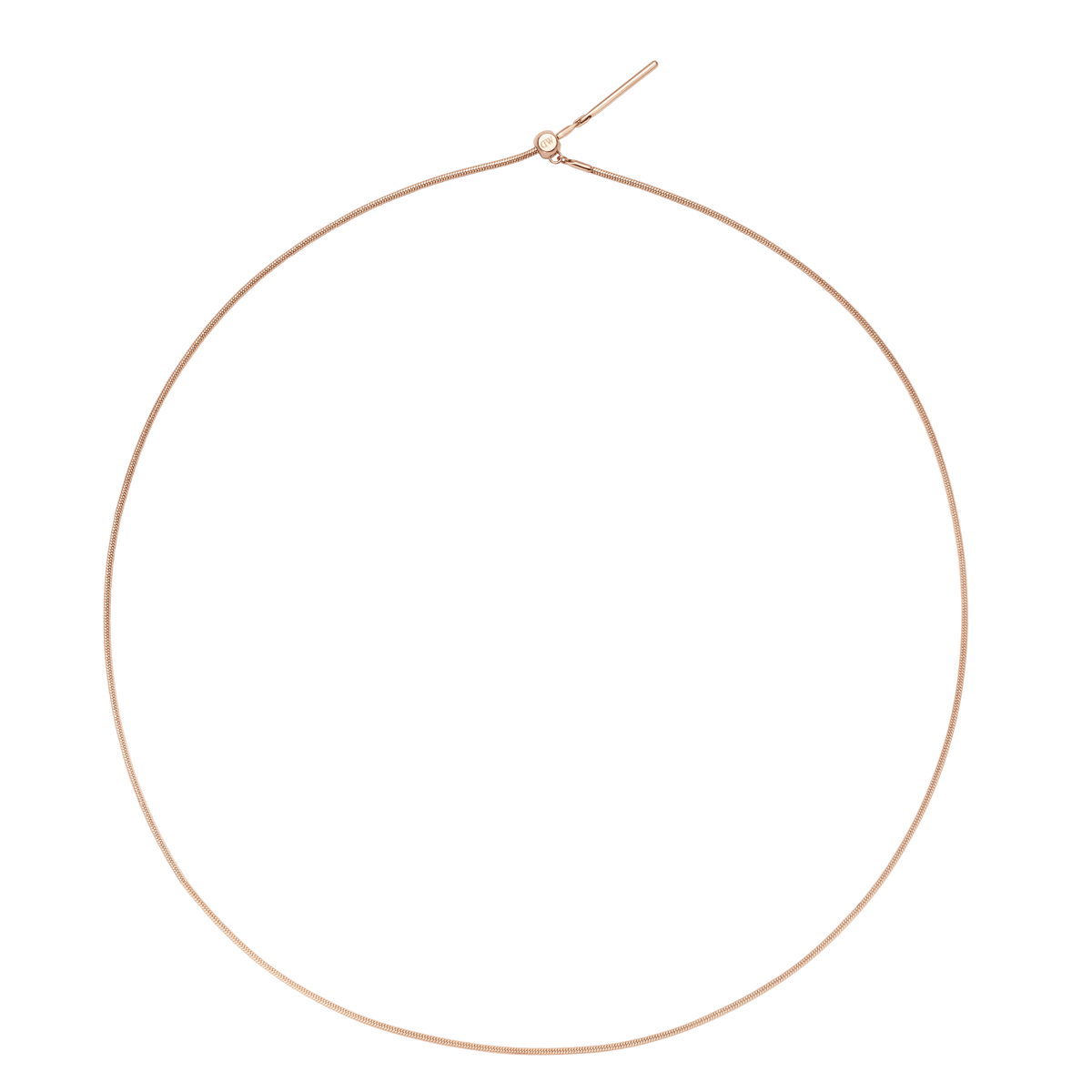 Charms Snake Bracelet RG displayed in a full circle, featuring a slim rose gold snake chain with an adjustable sliding clasp for a tailored fit.