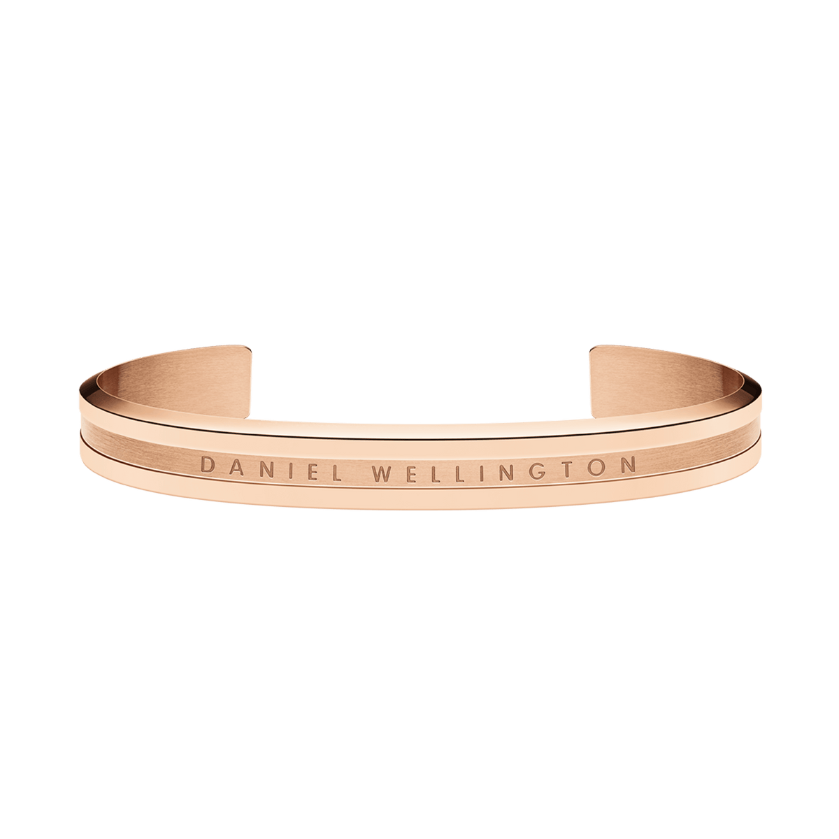Open cuff Elan Bracelet in rose gold by Daniel Wellington, featuring a minimalist design with engraved branding and a polished finish.