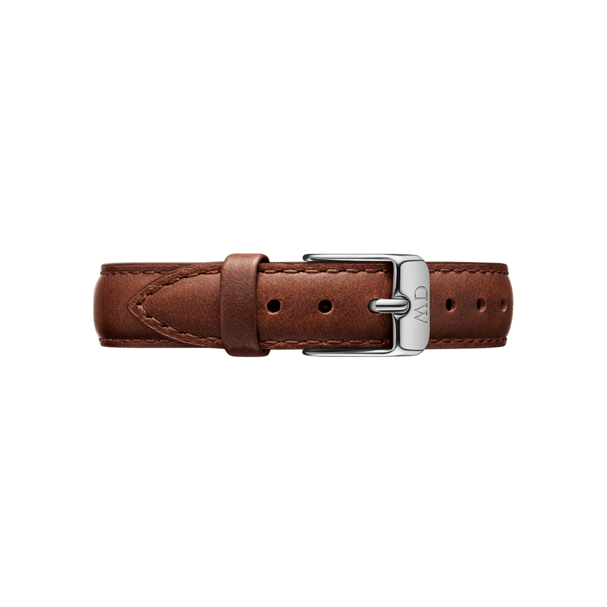St Mawes Strap Silver in genuine brown leather with detailed stitching and a polished silver buckle, designed for Daniel Wellington watches.